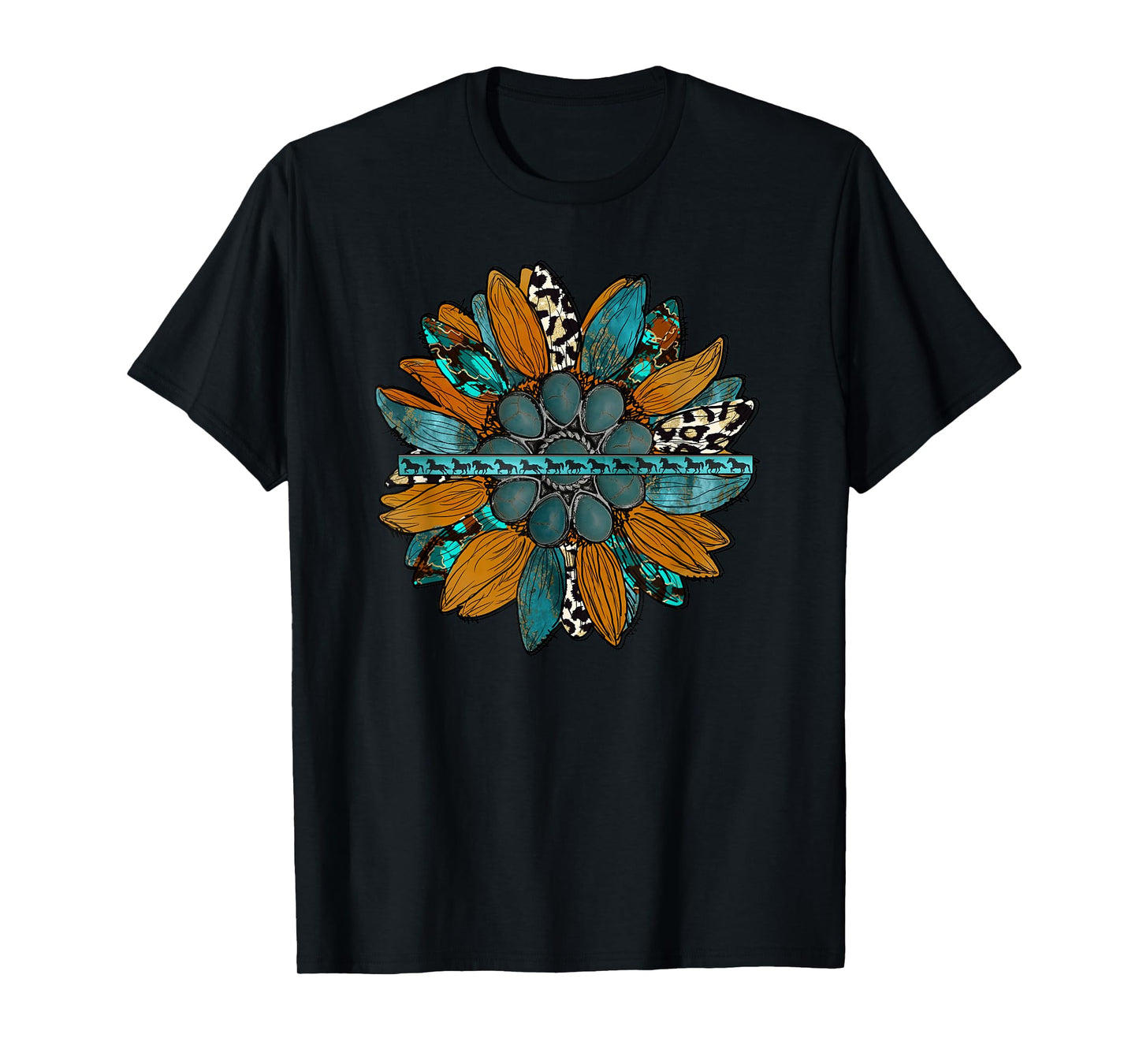 Country Western Sunflower Earth Tones Cowhide Teal T-Shirt