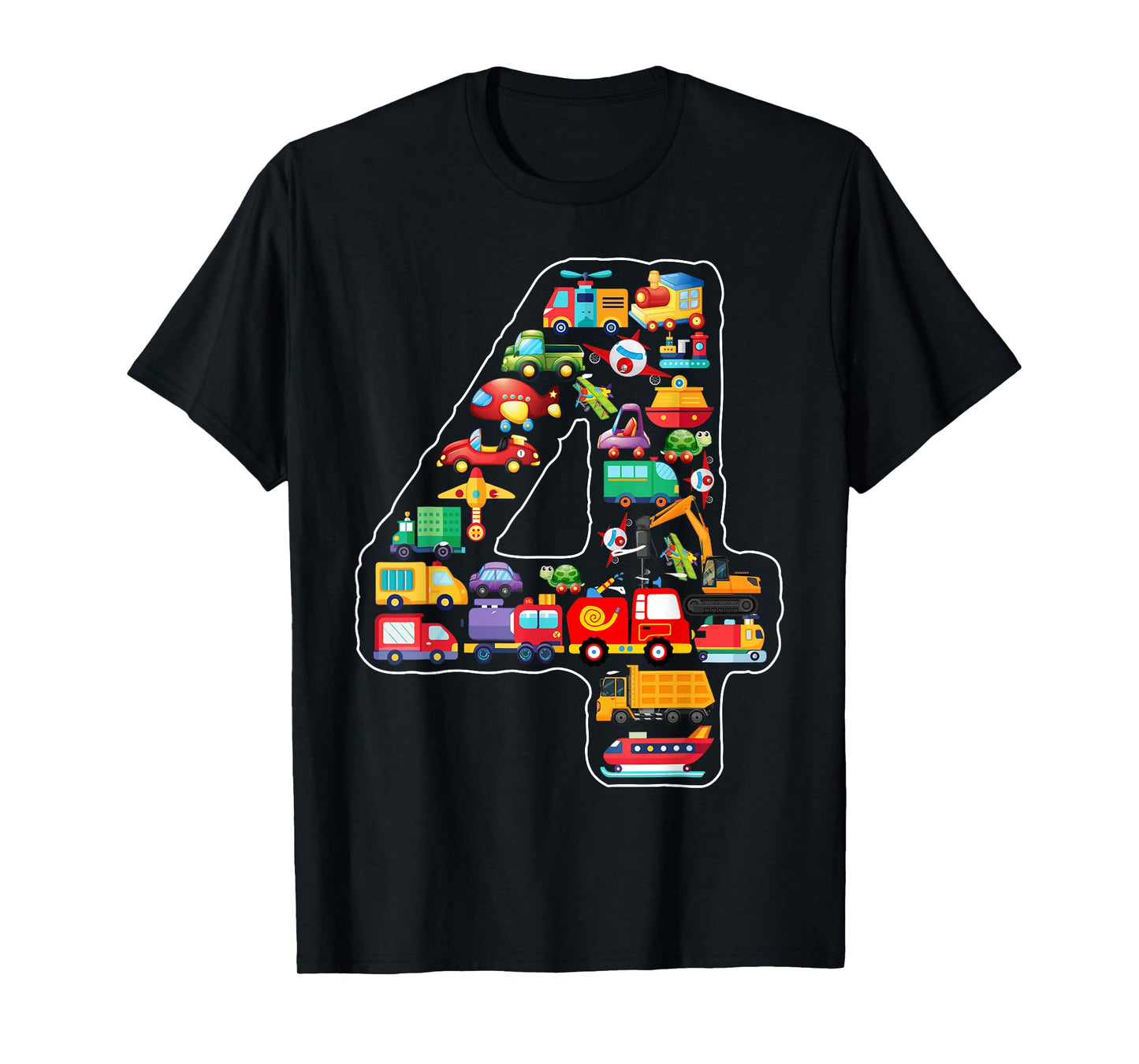 Kids 4th Birthday For Boys Cars Vehicles Fire Truck Airplane T-Shirt