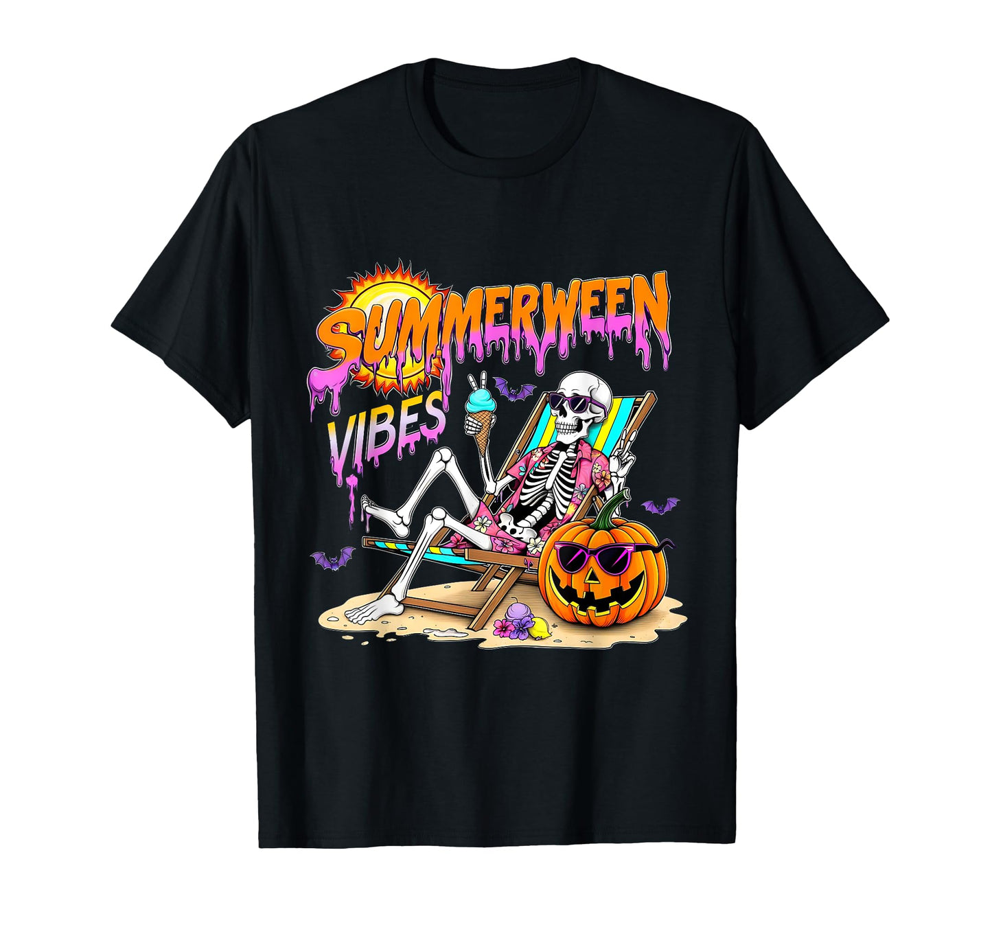 Summerween Vibes Skeleton Pumpkin Spooky Vacation T-Shirt