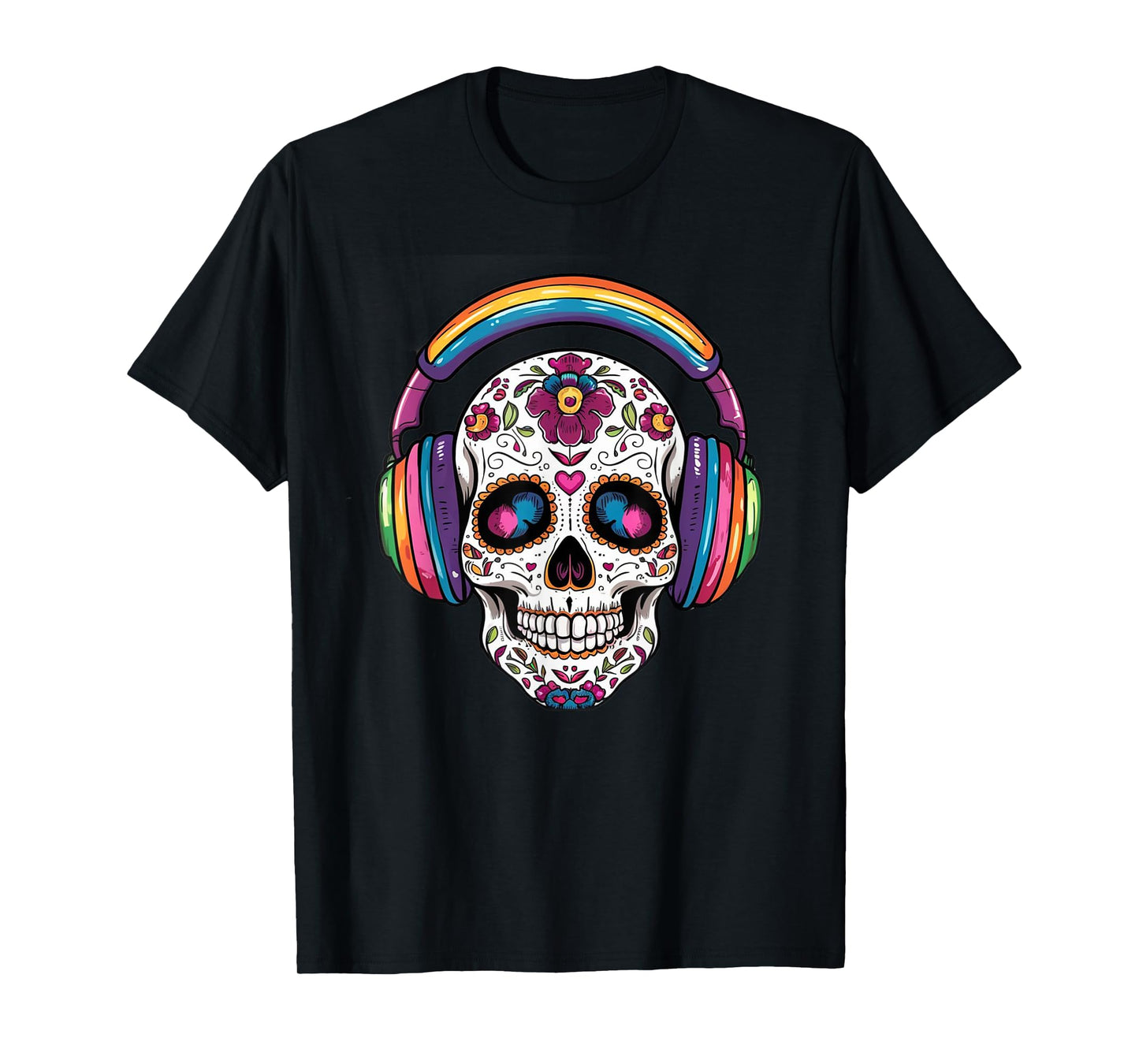 Sugar Skull Headphones Day of Dead Halloween Dia De Muertos T-Shirt