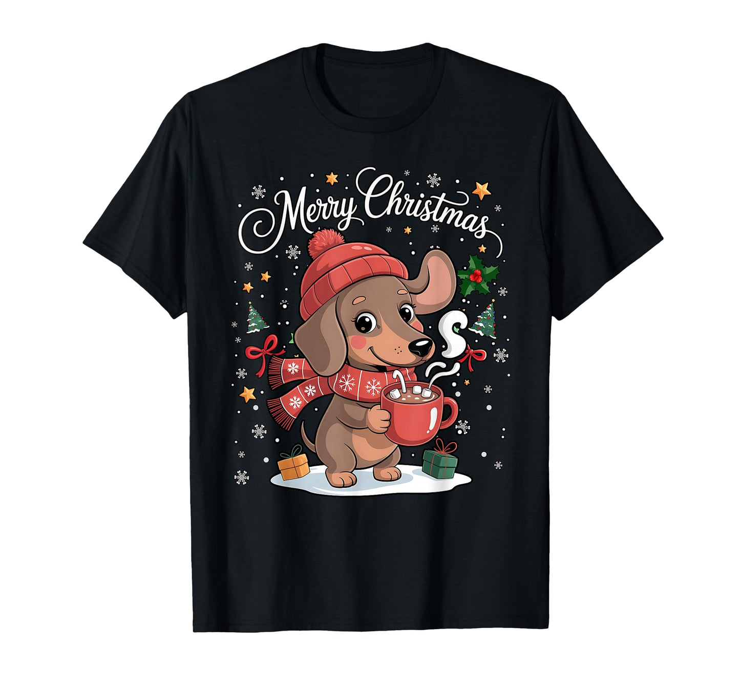Cute Dachshund Dog Drink Hot Cocoa Christmas Xmas Women Men T-Shirt