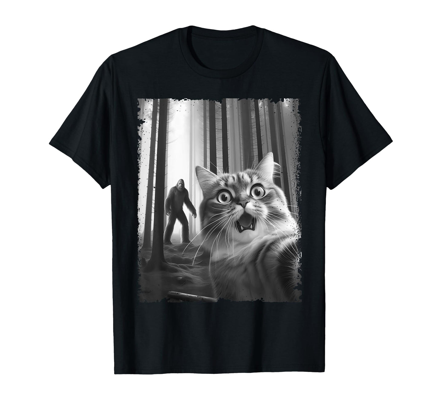Funny Scared Cat Selfie with Bigfoot Gift Idea Men Women Kid T-Shirt