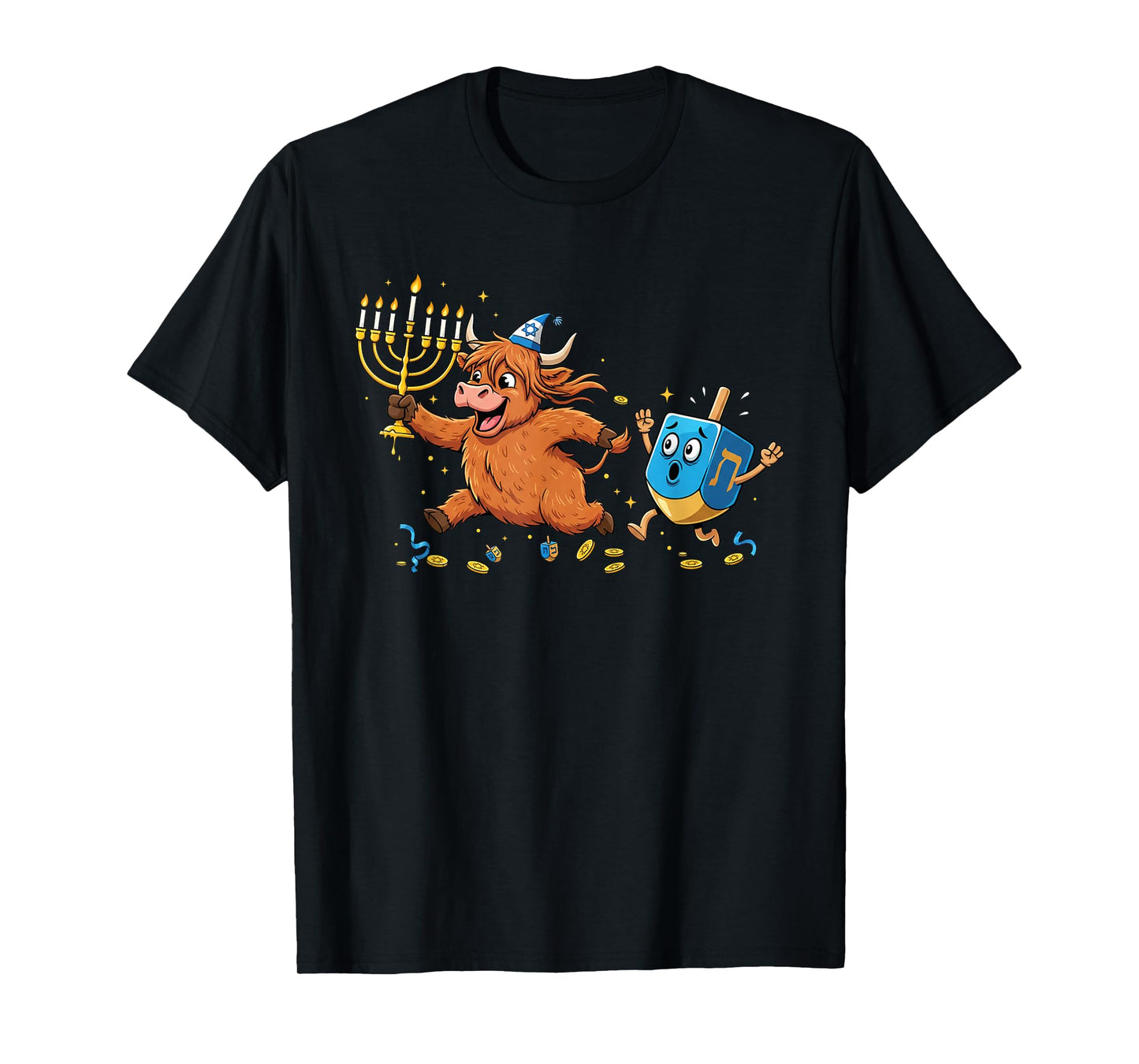 Funny Highland Cow Dreidel Menorah Hanukkah Kids Womens Mens T-Shirt