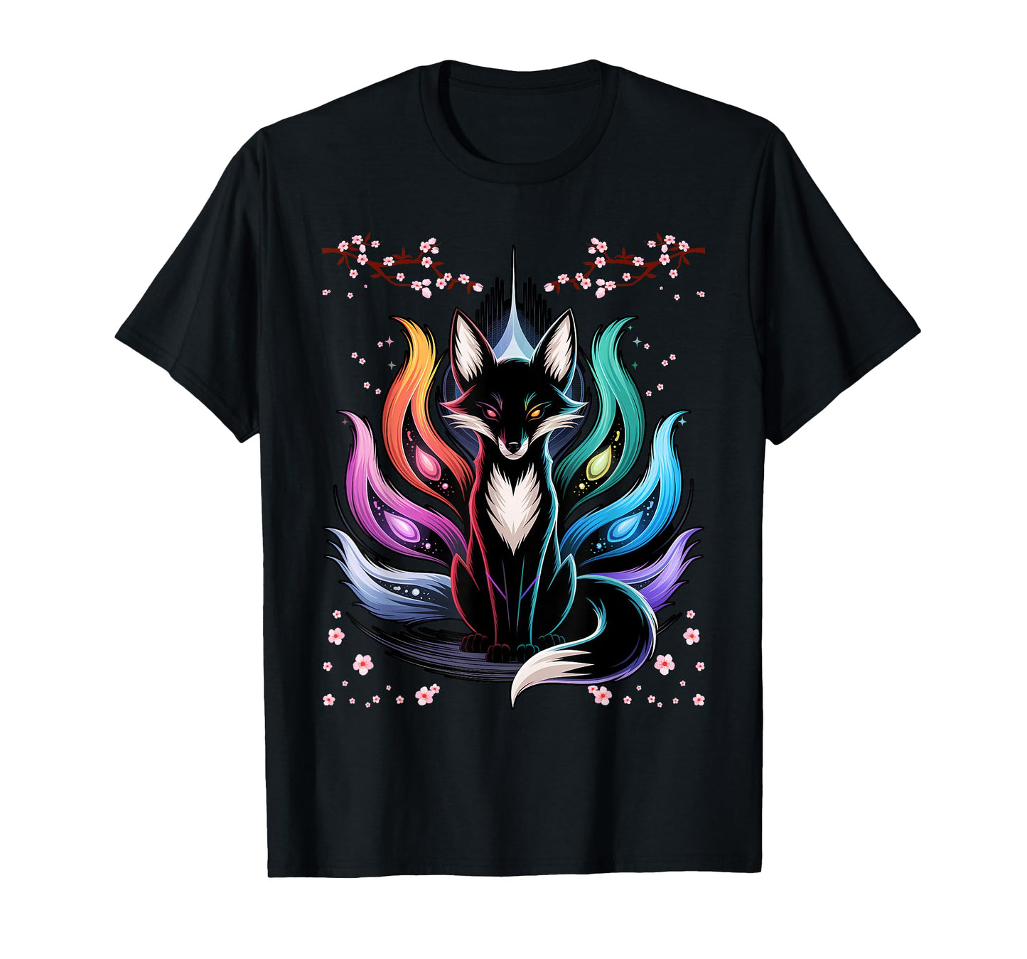Japanese Fox Kitsune Seven Elements Cherry Flower Blossom T-Shirt