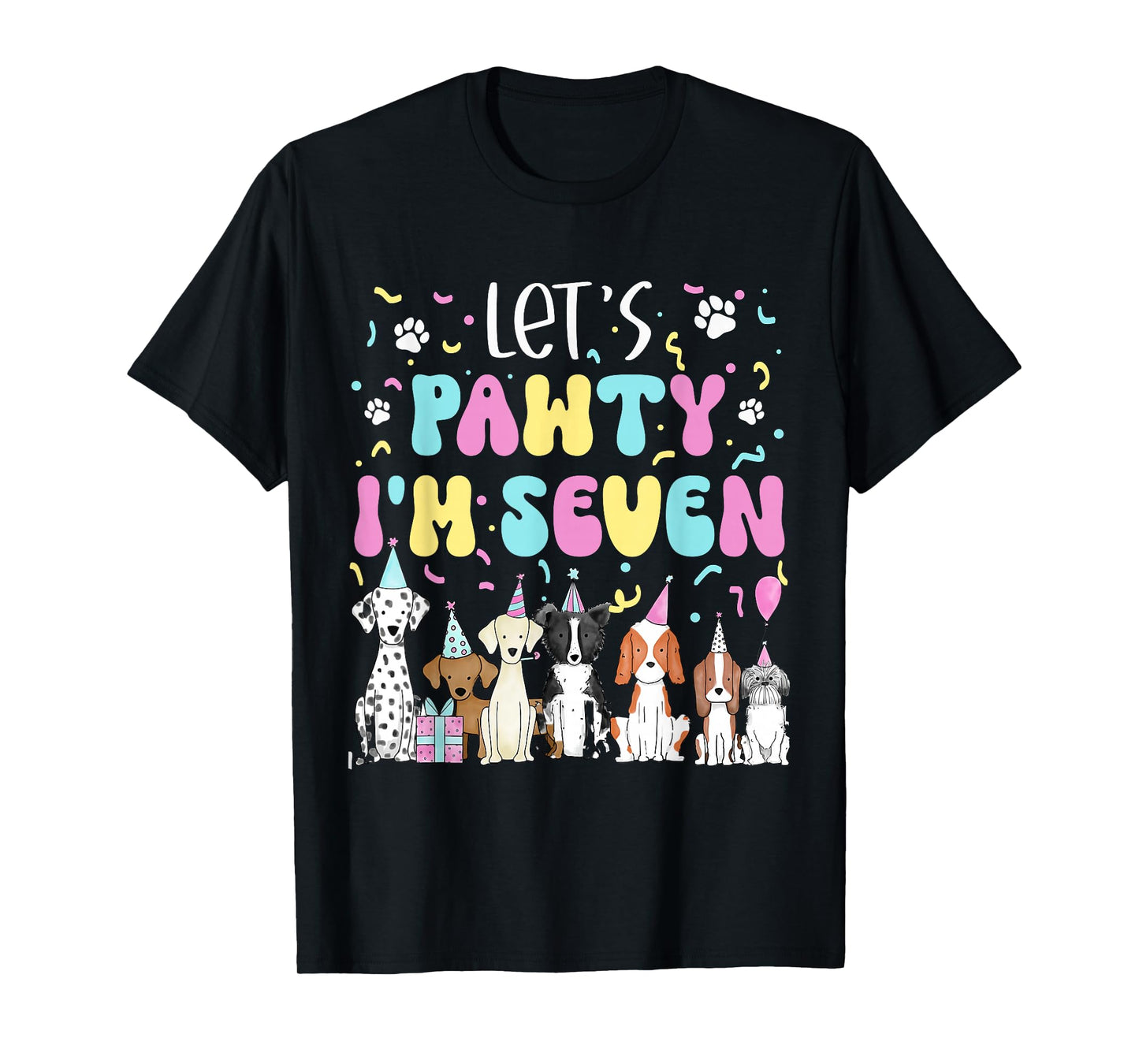 Kids Lets Pawty I'm Seven Pet Puppy Dog Theme Birthday Party T-Shirt