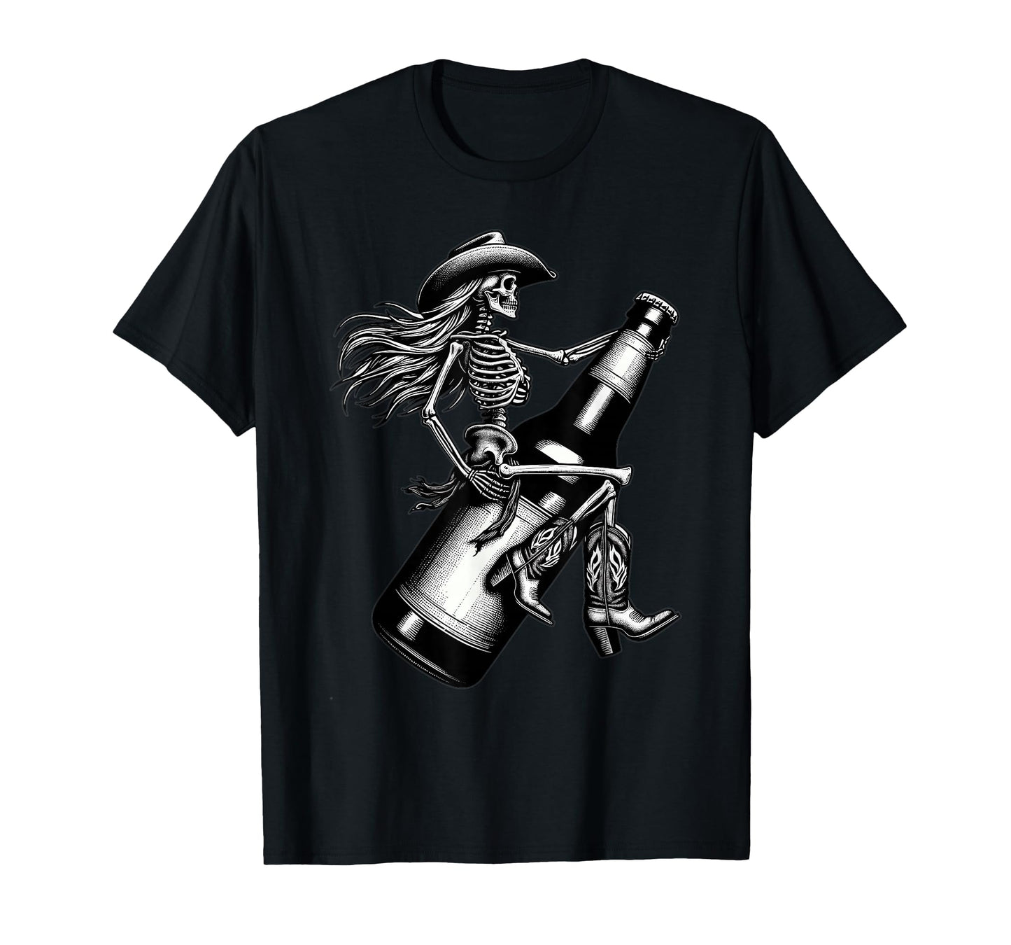 Skeleton Gothic Cowgirl Cowboy Hat Rodeo Beer Western Skull T-Shirt