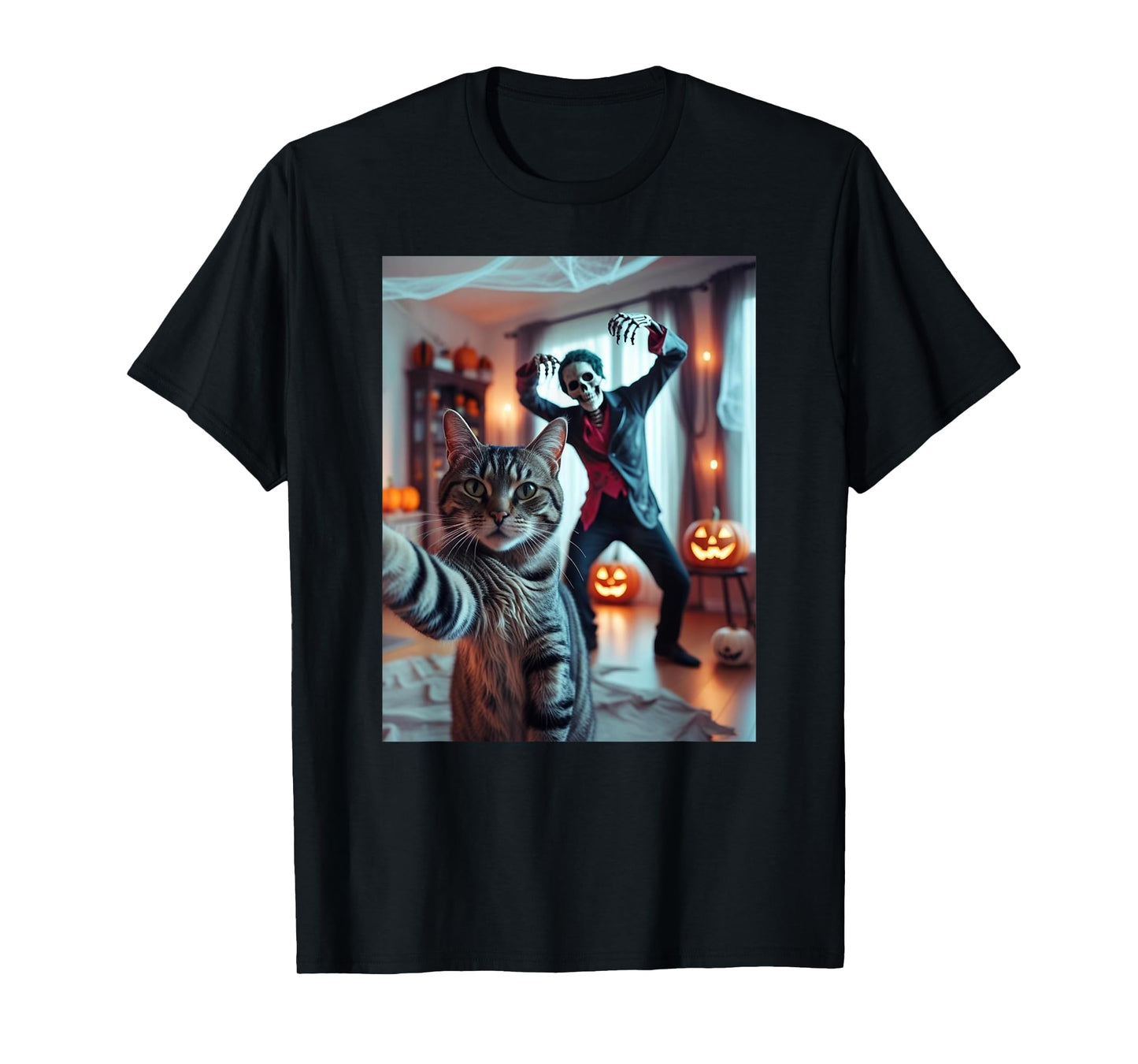 Funny Cat Selfie with Skeleton Scary Halloween Meme T-Shirt