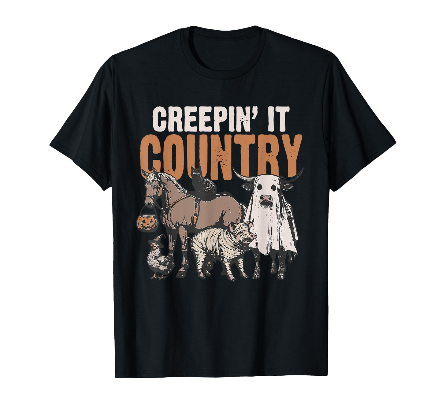 Creepin' It Country Halloween Farm Animal Cow Black Cat Pig T-Shirt