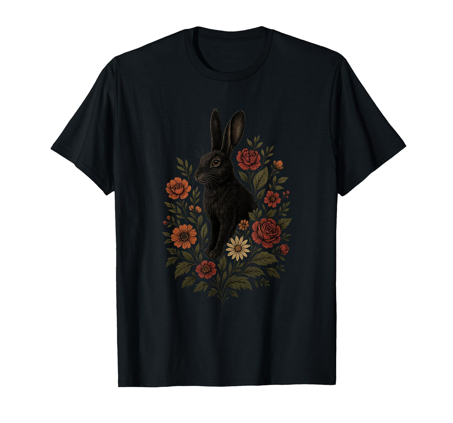 Black Bunny With Flowers Botanical Gothic Nature Art T-Shirt