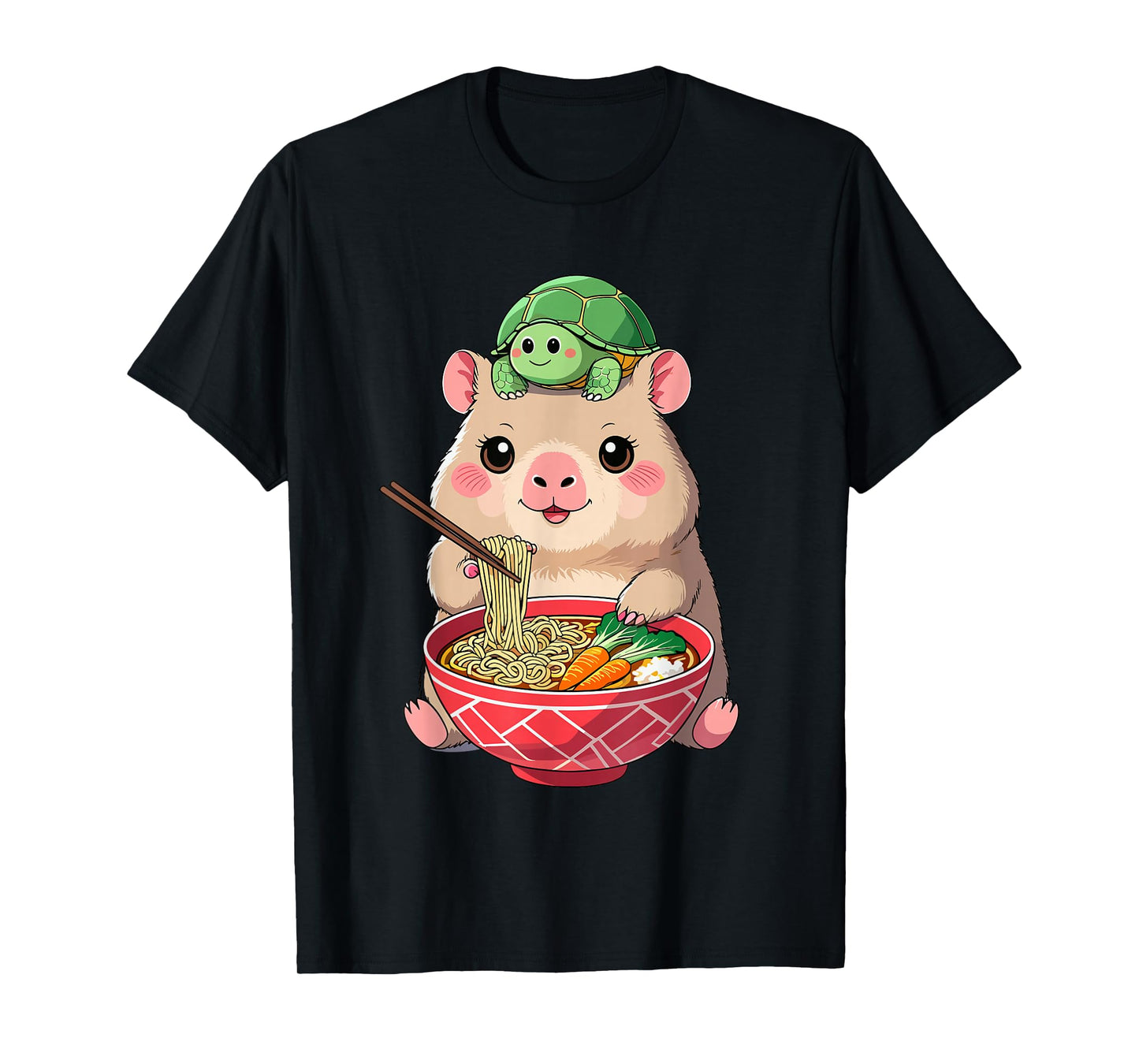 Cute Kawaii Capybara Eating Noodles with Turtle on Head T-Shirt