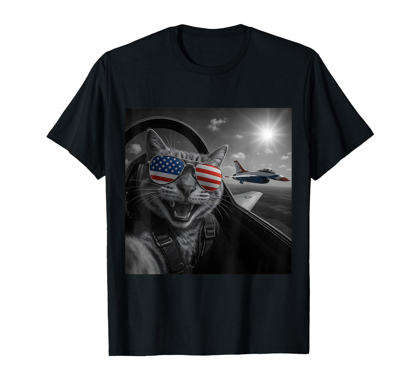 Cat 4th of July Selfie Jet Funny Cat Gifts Men Women Kids T-Shirt