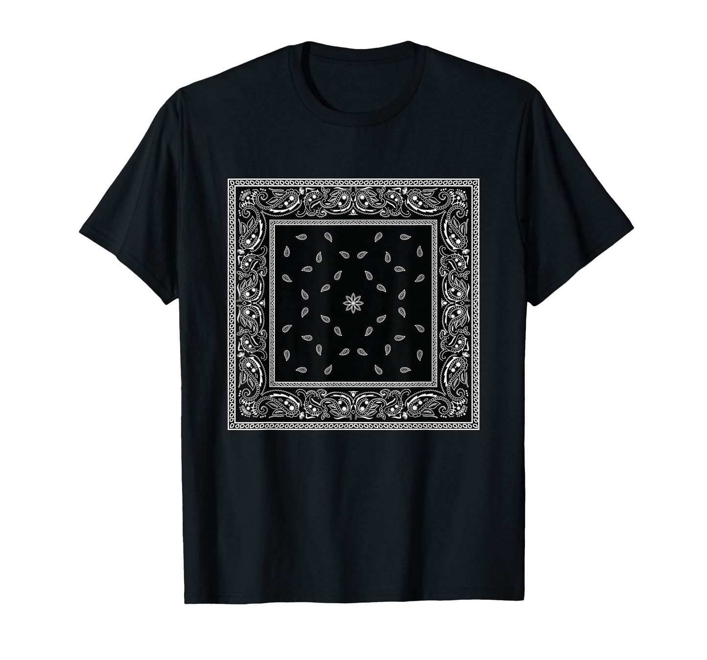 Men's Black White Bandana Print Tee Black Paisley Pattern T-Shirt