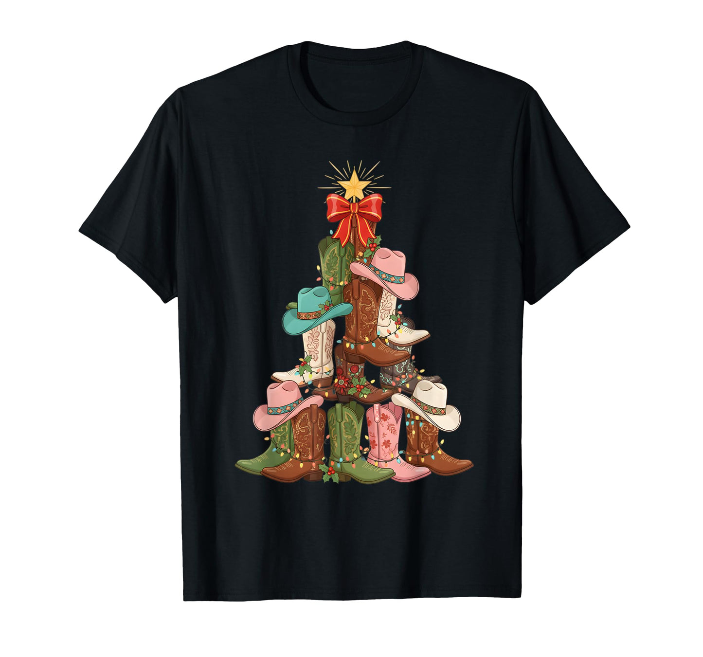 Howdy Christmas Tree Western Cowgirl Boots Xmas Lights T-Shirt
