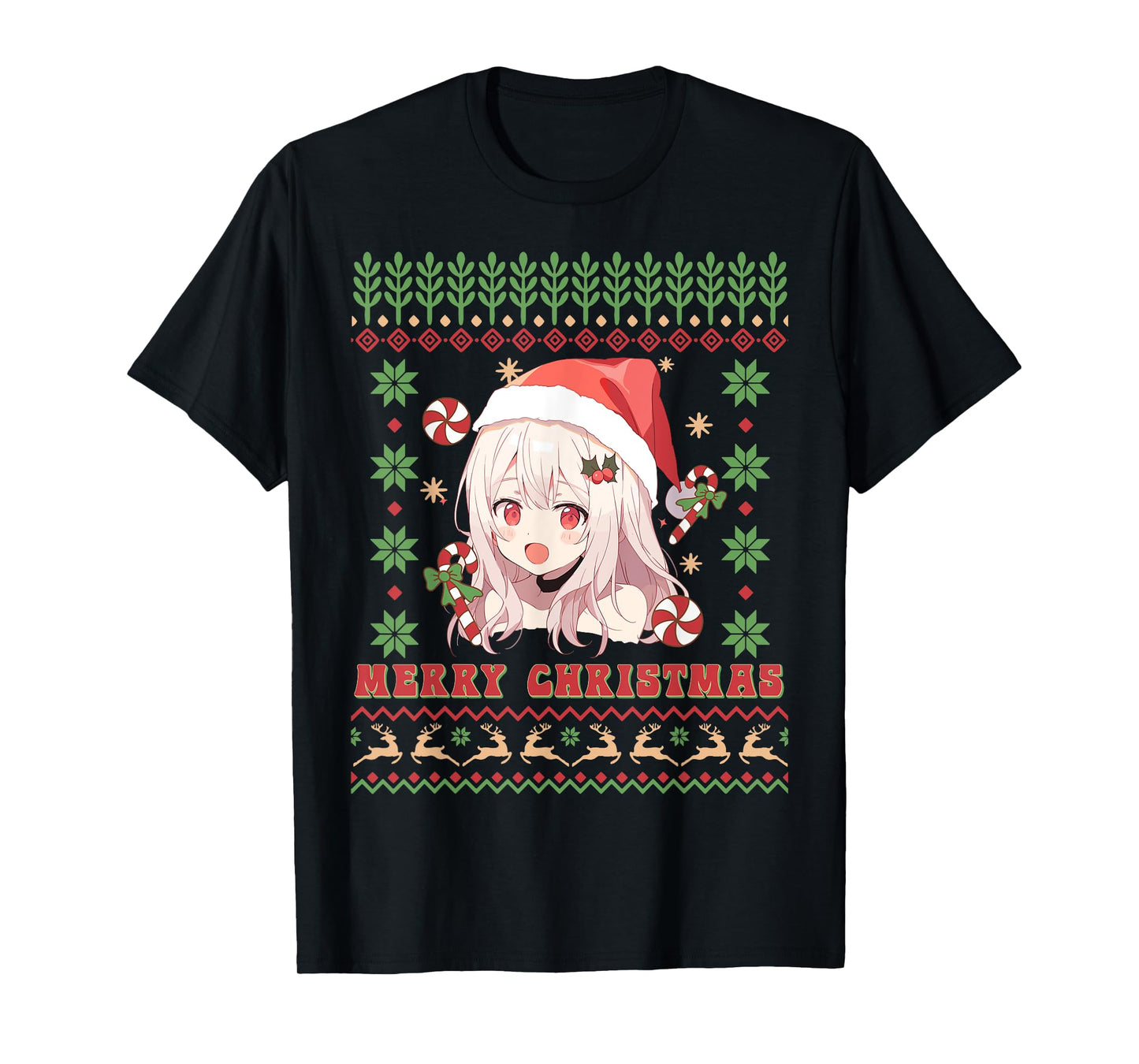 Cute Anime Girl Santa Hat Otaku Ugly Sweater Merry Christmas T-Shirt