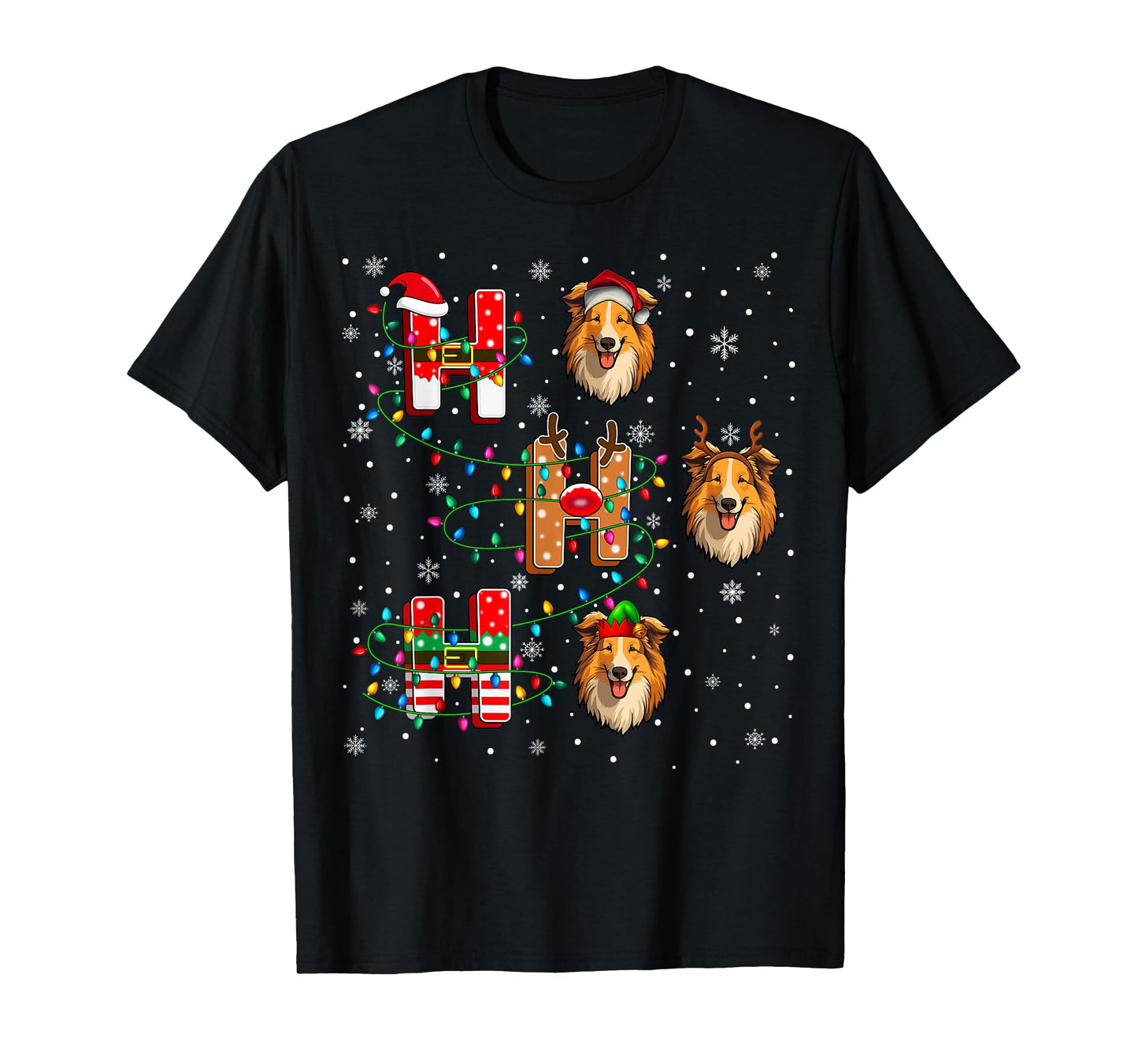 Ho Ho Ho Santa Reindeer Elf Matching Rough Collie Dog Xmas T-Shirt