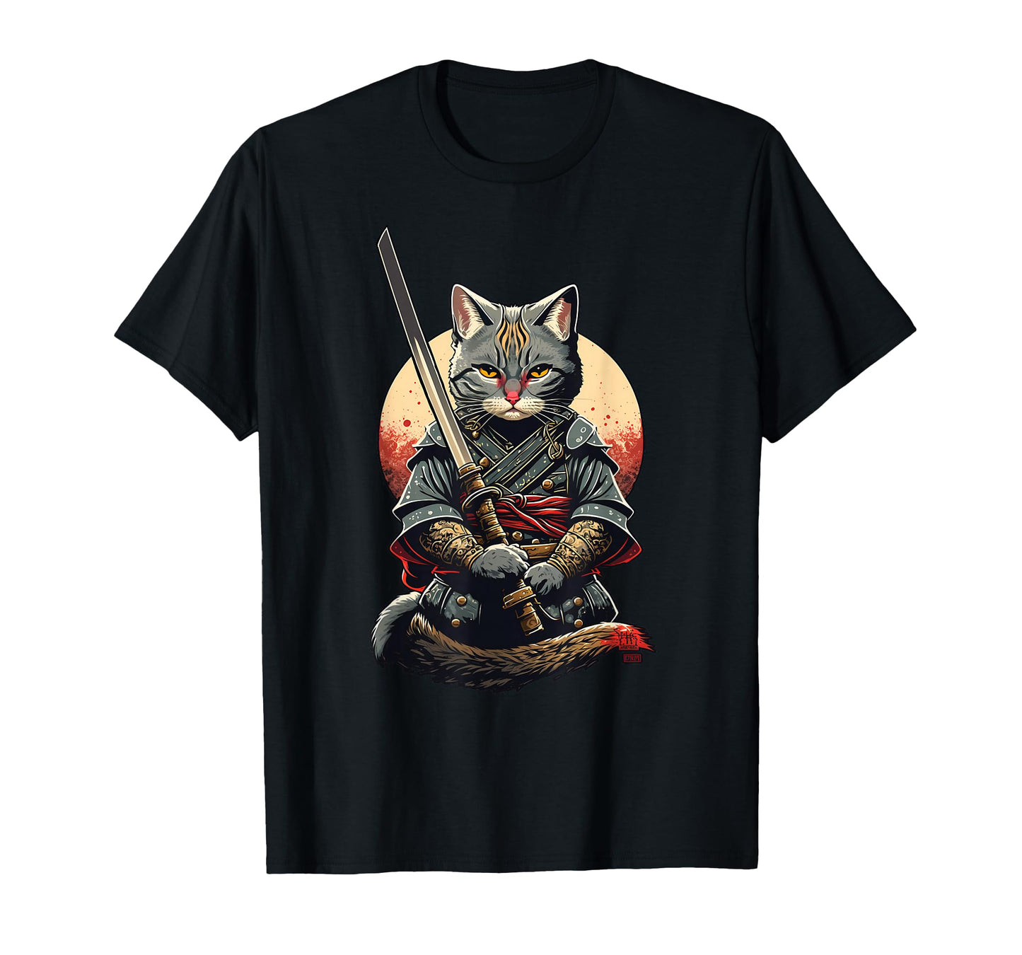 Retro Japanese Warrior Katana Ninja Cat, Samurai Kitten T-Shirt