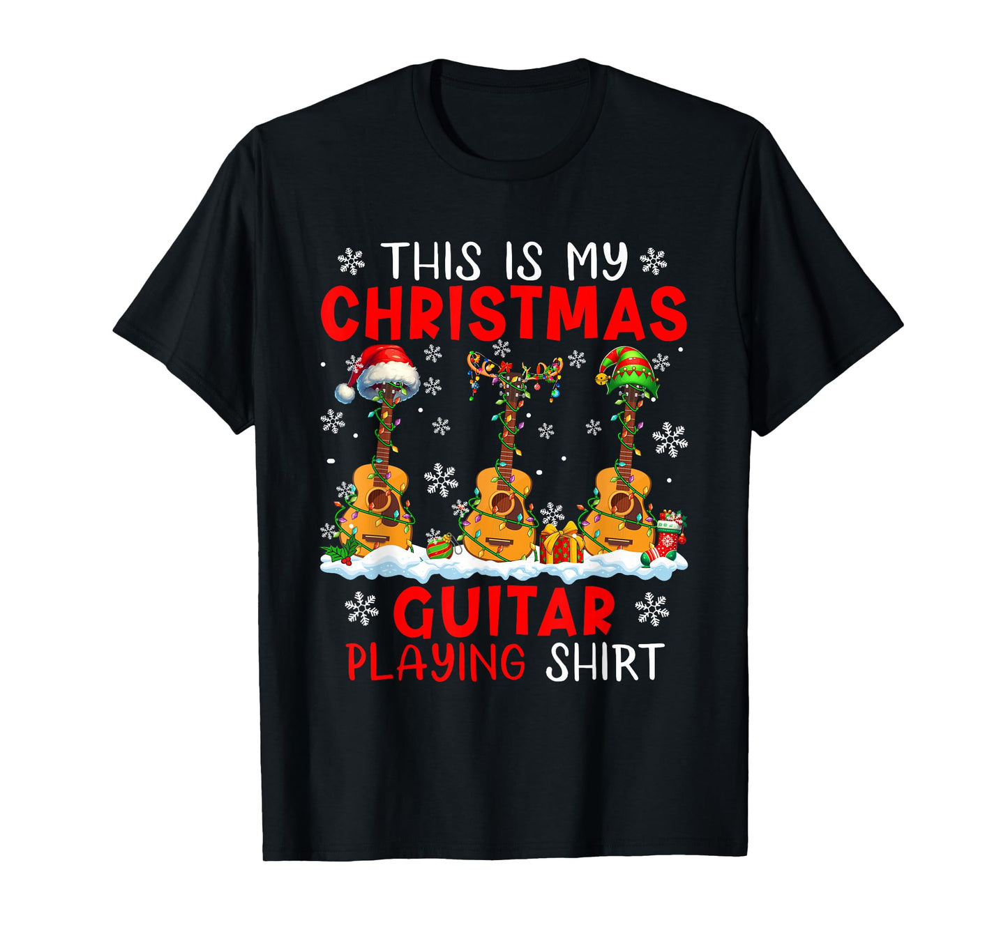My Christmas Guitar Playing Shirt Three Santa Instruments T-Shirt