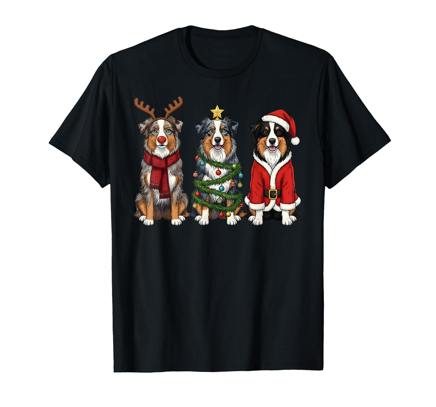 Retro Christmas Australian Shepherd Santa Reindeer Dog Lover T-Shirt