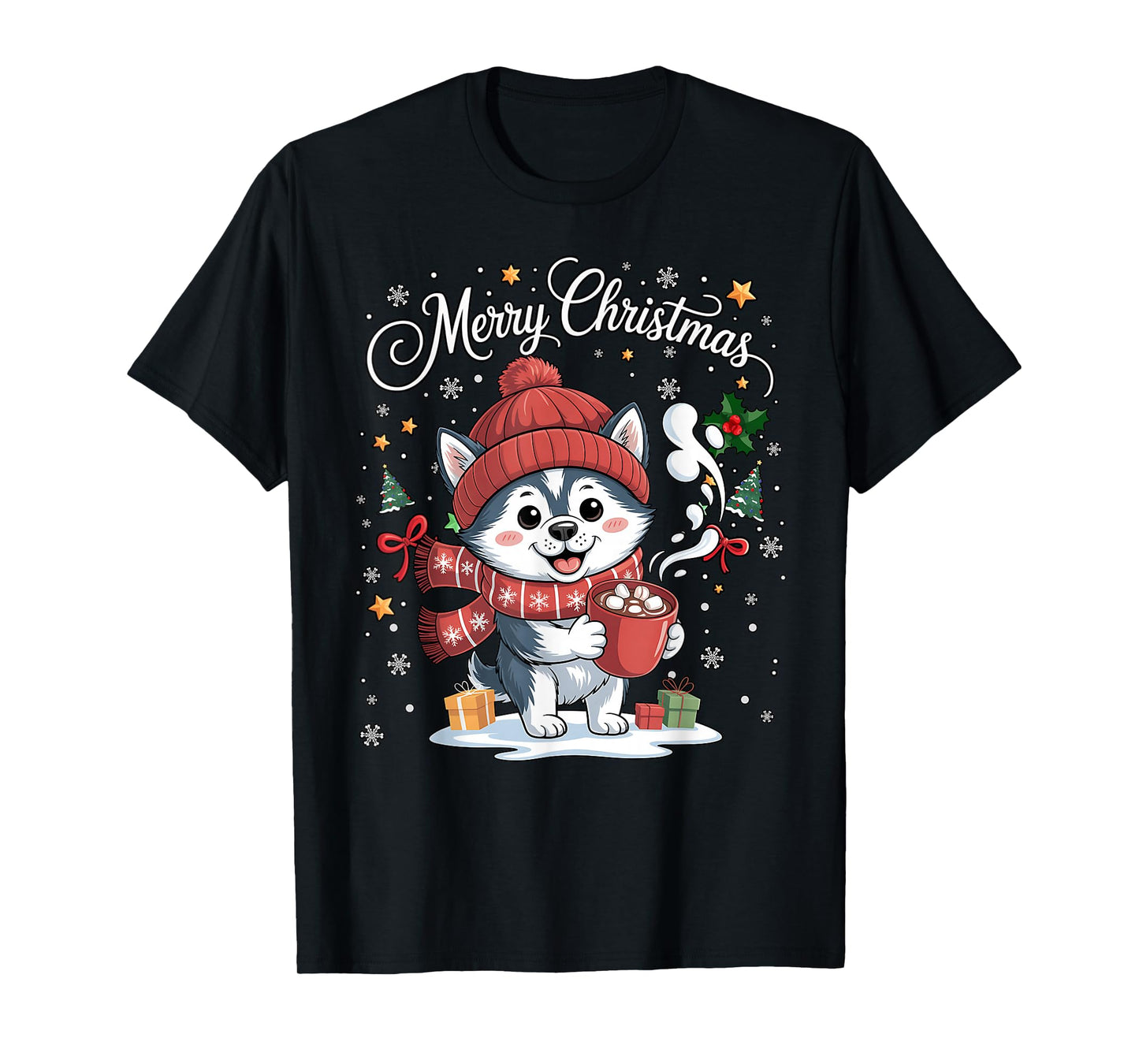 Cute Siberian Husky Dog Drink Hot Cocoa Christmas Xmas Women T-Shirt