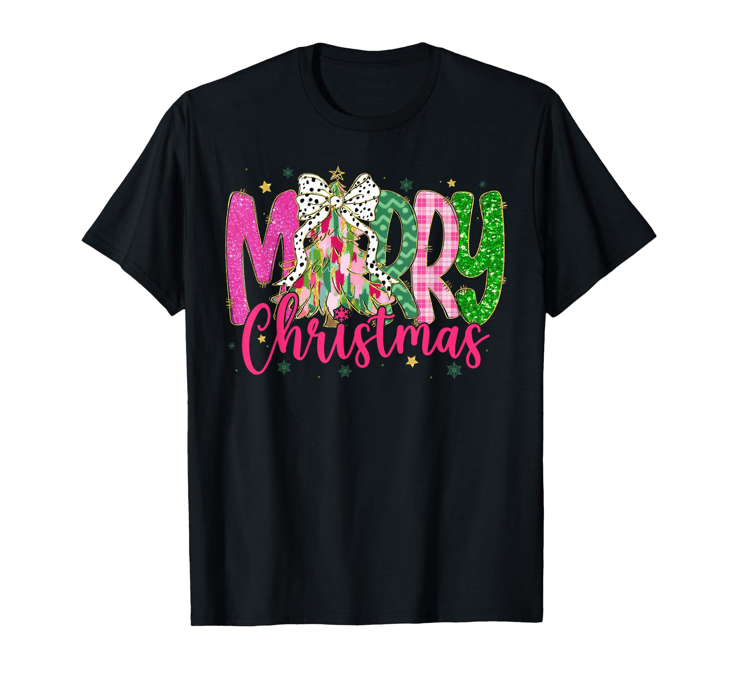 Merry Christmas Xmas Tree Coquette Bow Snowflake Holiday T-Shirt