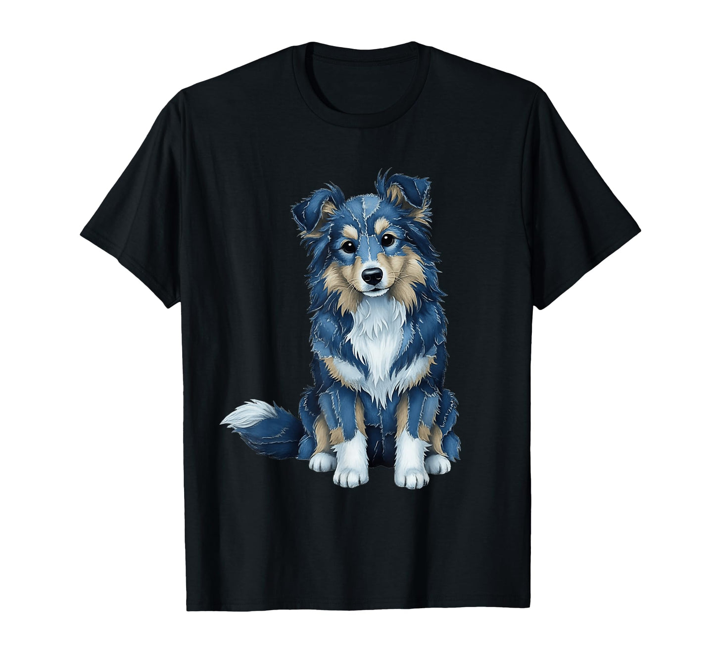 Funny Sheltie Dog Blue Denim Patchwork Pattern T-Shirt