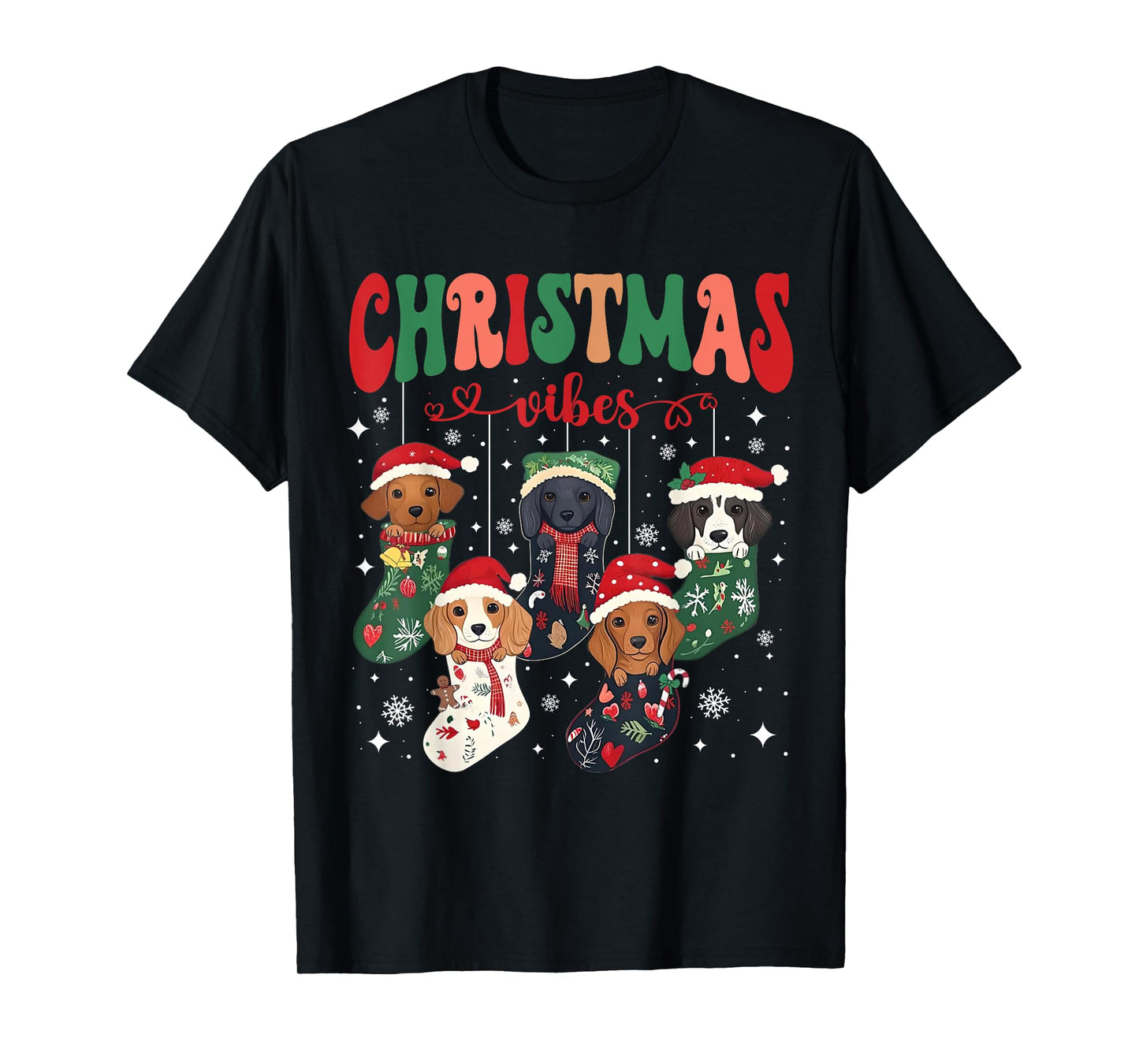 Cute Santa Hat Dachshund in Socks Christmas Vibes Weiner Dog T-Shirt