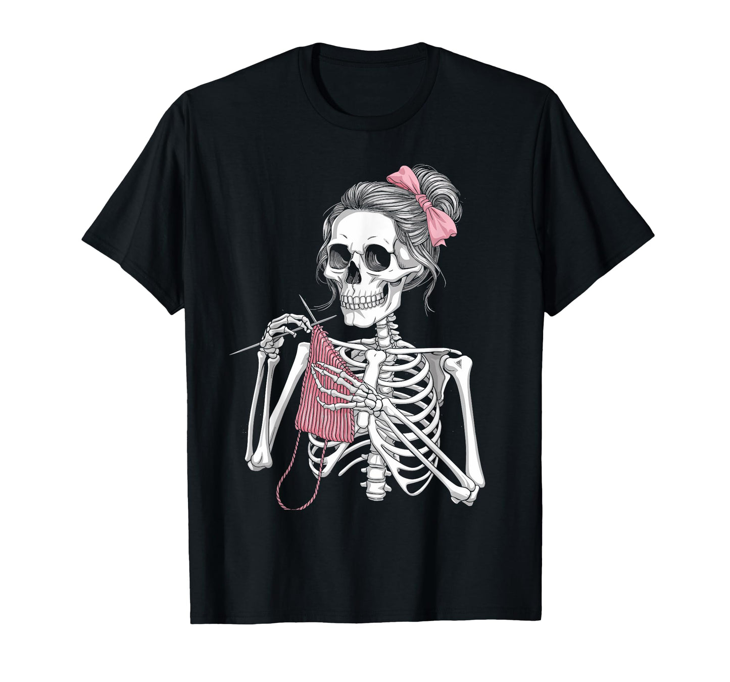 Skeleton Messy Bun Crochet Knitting Lovers Spooky Halloween T-Shirt