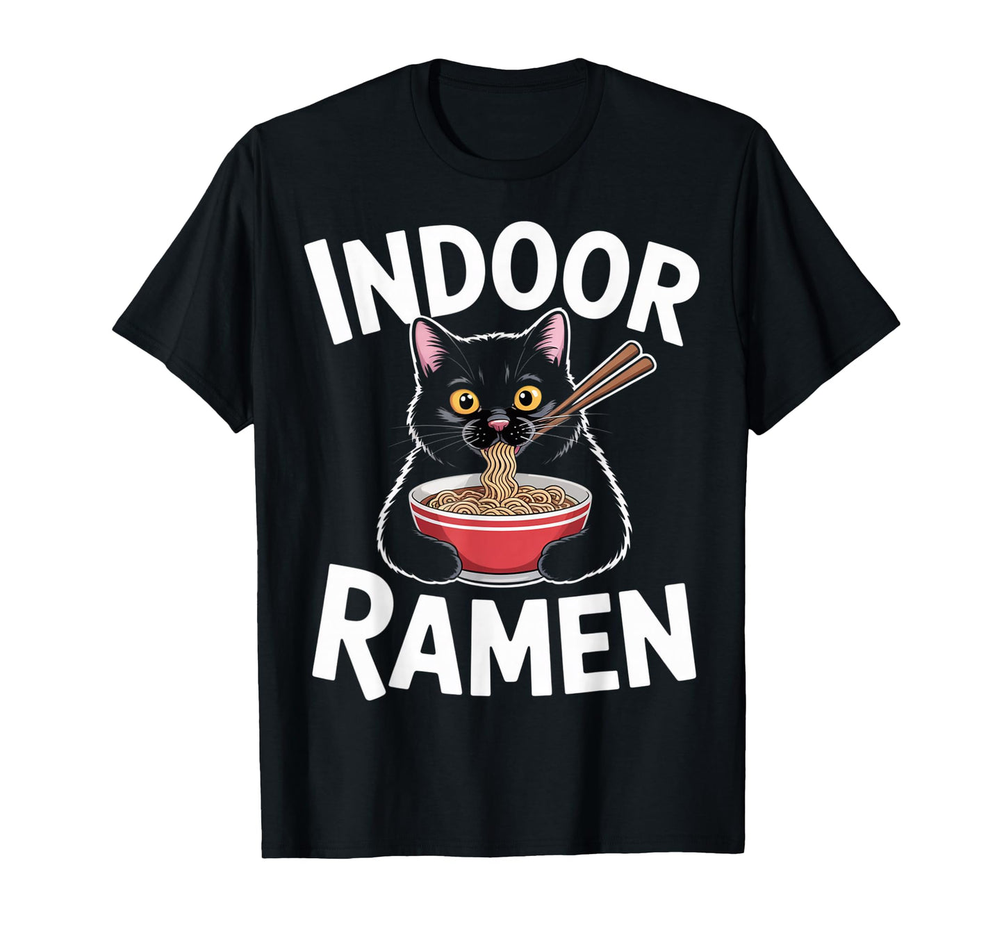 Indoor Ramen Cute Black Cat with Chopsticks Bowl T-Shirt