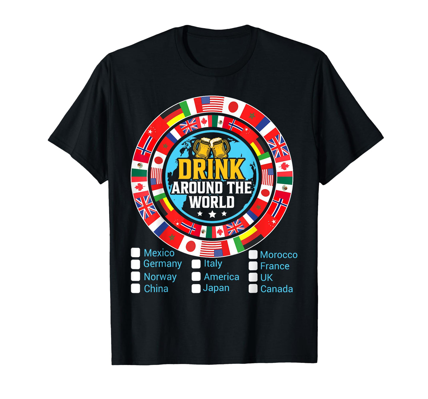 Drink Around The World - Vacation Drinking Map Chart T-Shirt, Small, Black