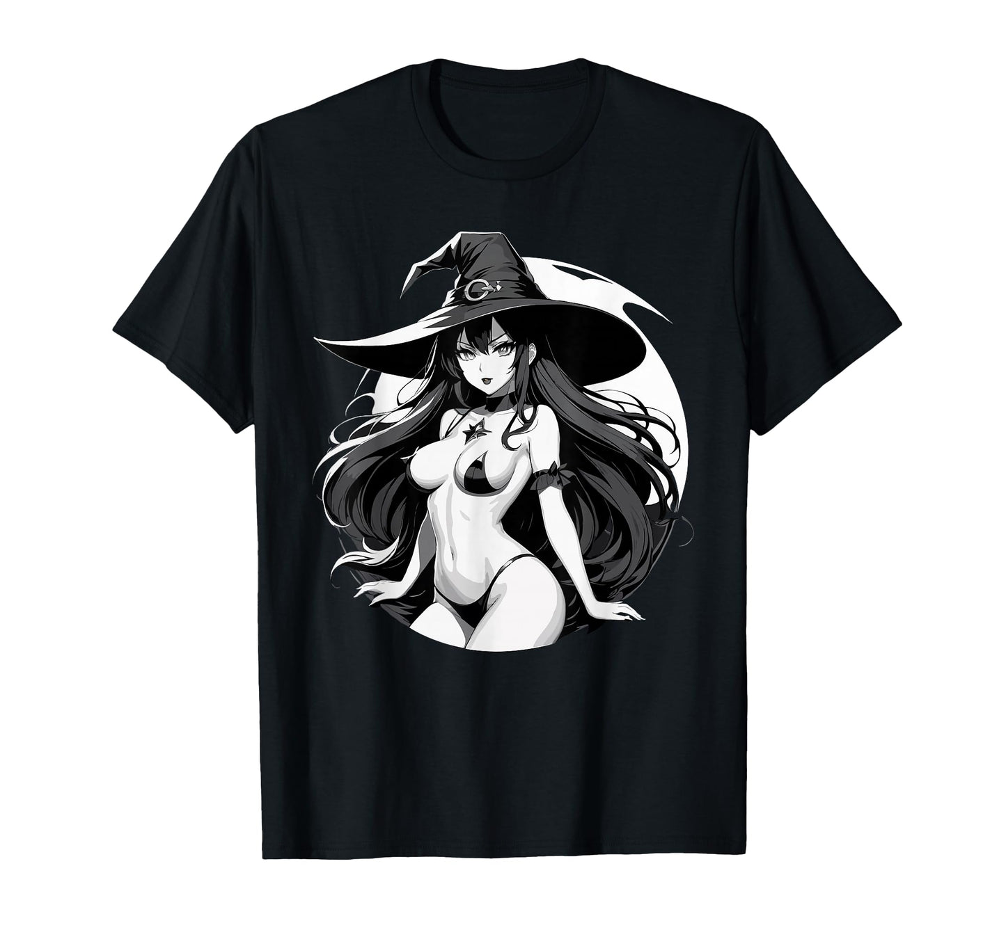 Sexy Waifu Witch Anime Girl Japanese in Black and White Art T-Shirt
