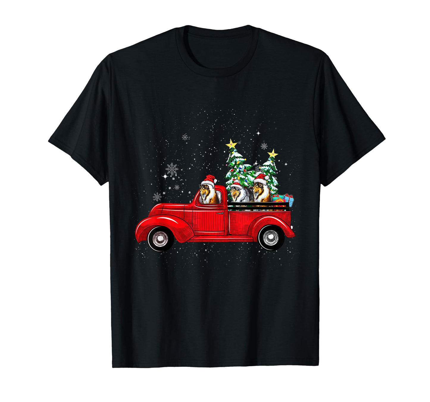 Rough Collie Dog Driving Xmas Truck Christmas Tree Lights T-Shirt for Men Women Kids
