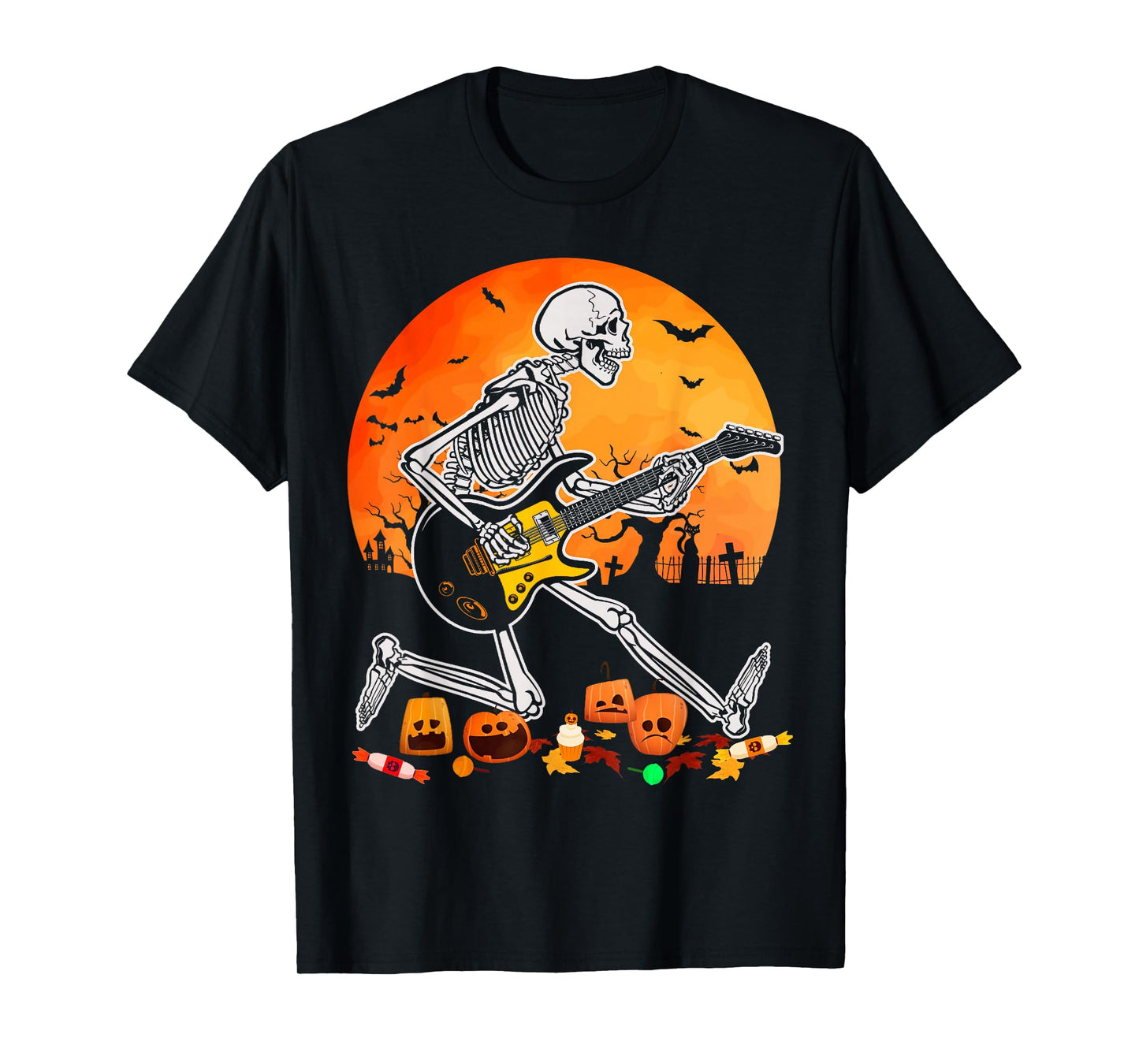 Skeleton Playing Bass Guitar Halloween Electric Acoustic T-Shirt