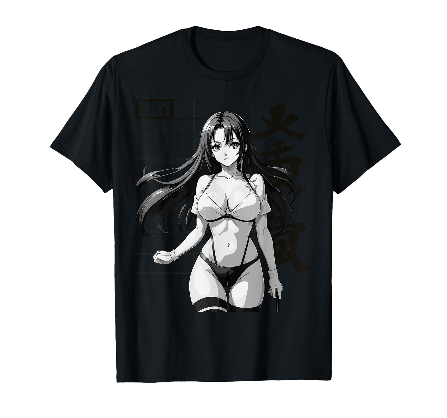 Sexy Waifu Otaku Anime Girl Japanese in Black White Art T-Shirt