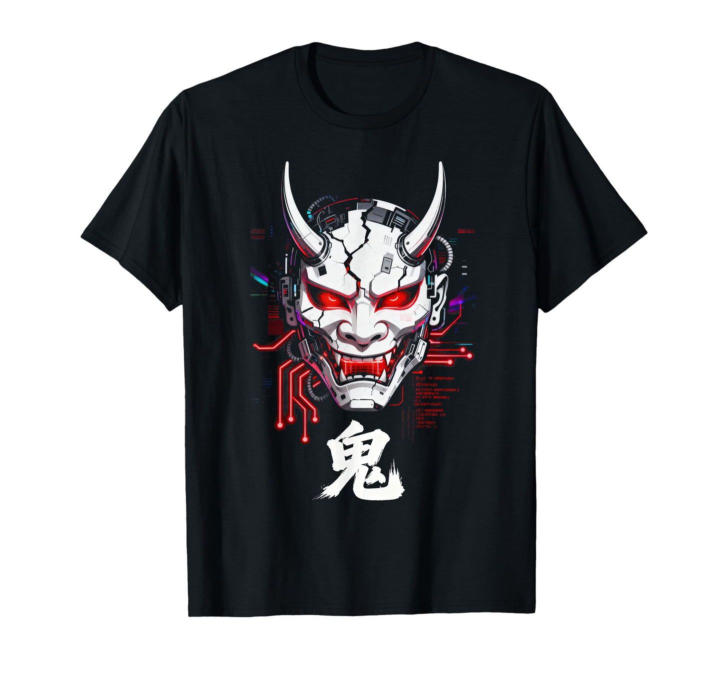 Cyberpunk Oni Mask Glitch Japanese Kanji Sci-Fi T-Shirt