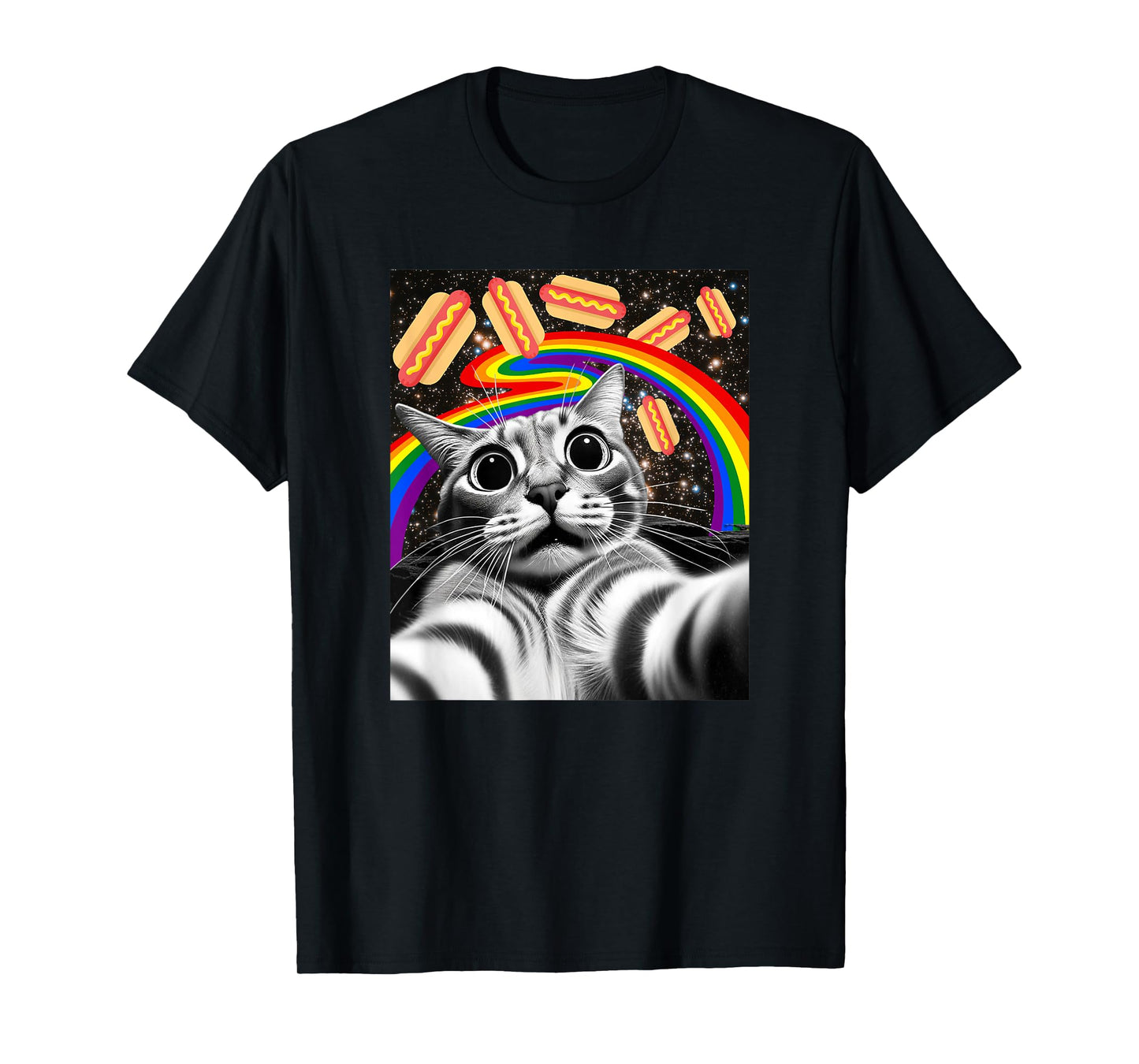 Funny Graphic Rainbow Hotdog UFOs Cosmic Space Selfie Cat T-Shirt for Men Women Kids