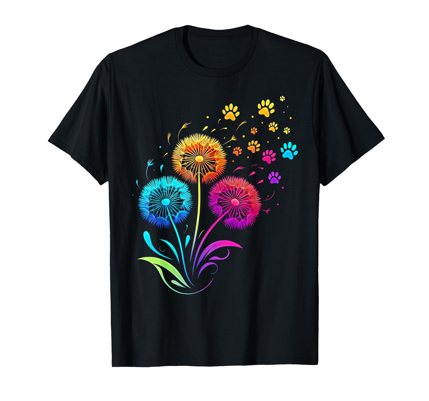 Cute Dog Paw Sunflower Dandelion Colorful Flowers Dog Paw T-Shirt