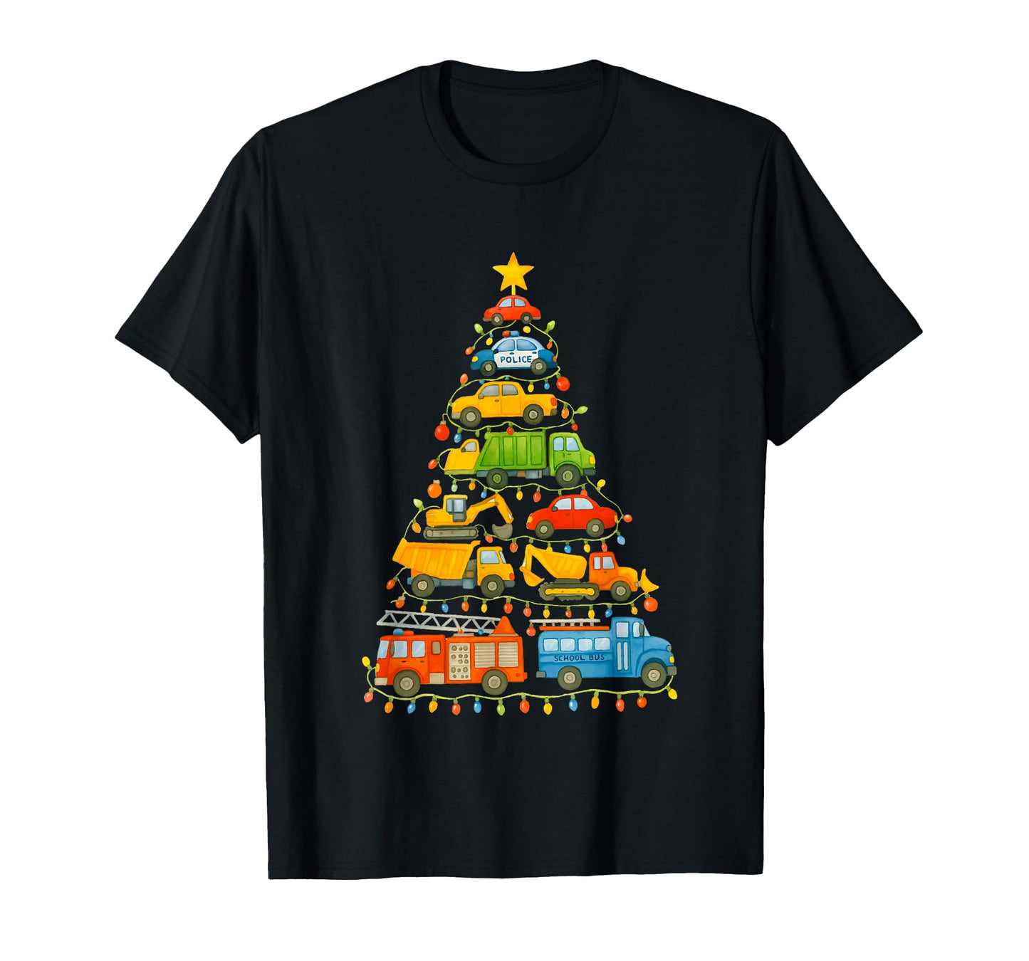 Cars Christmas Tree Firetruck Police Vehicle Xmas Cute Boys T-Shirt