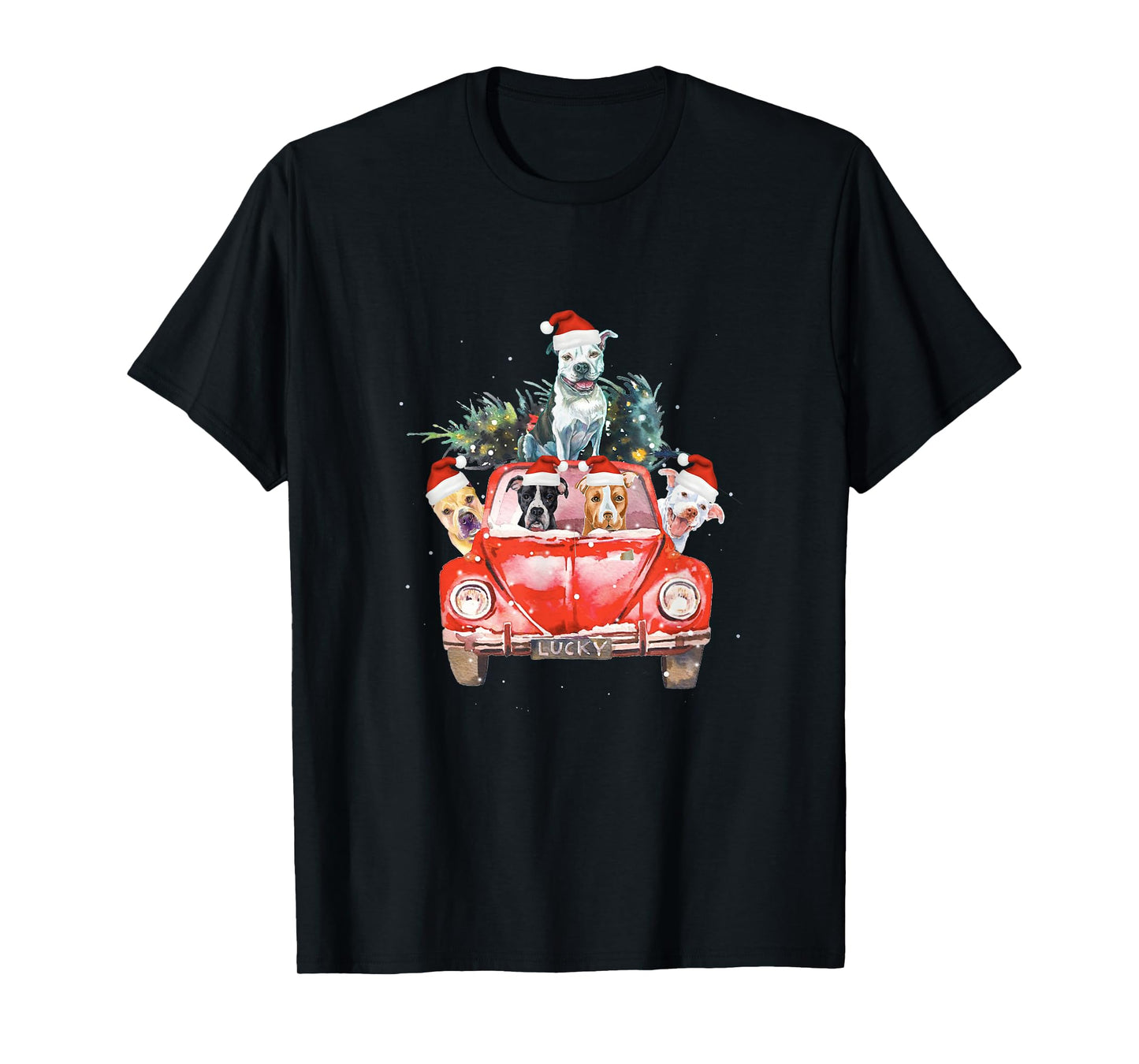 Pitbull Riding Red Truck Christmas Tree Santa Pitbull Xmas T-Shirt