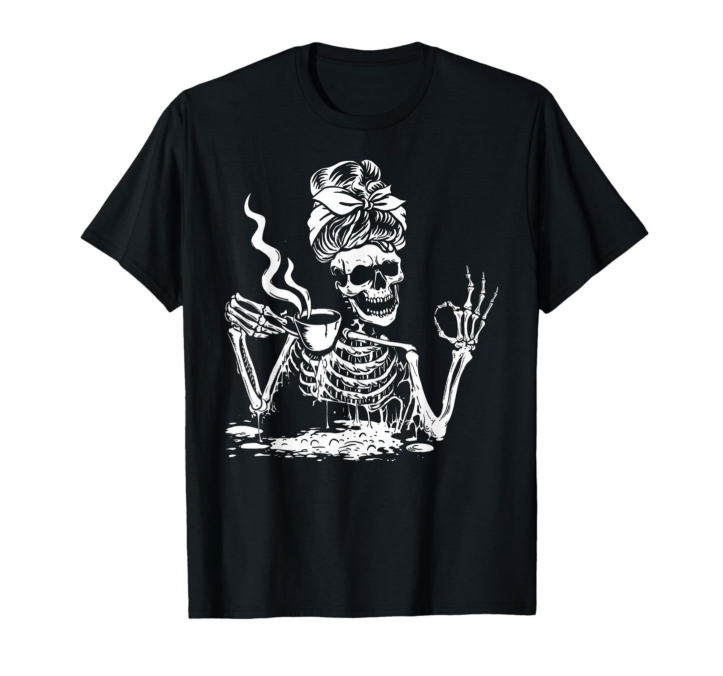 Skeleton Drinking Coffee Messy Bun Women Halloween Skeleton T-Shirt