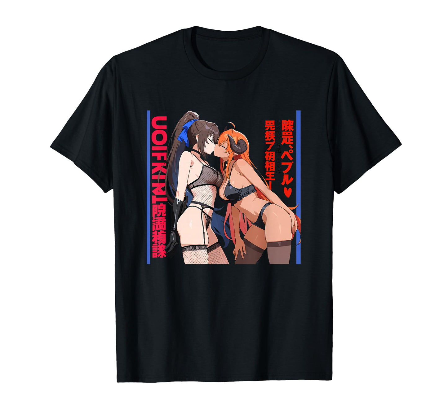 Waifu Sexy Anime Kissing Girls Horns Japanese Manga Style T-Shirt