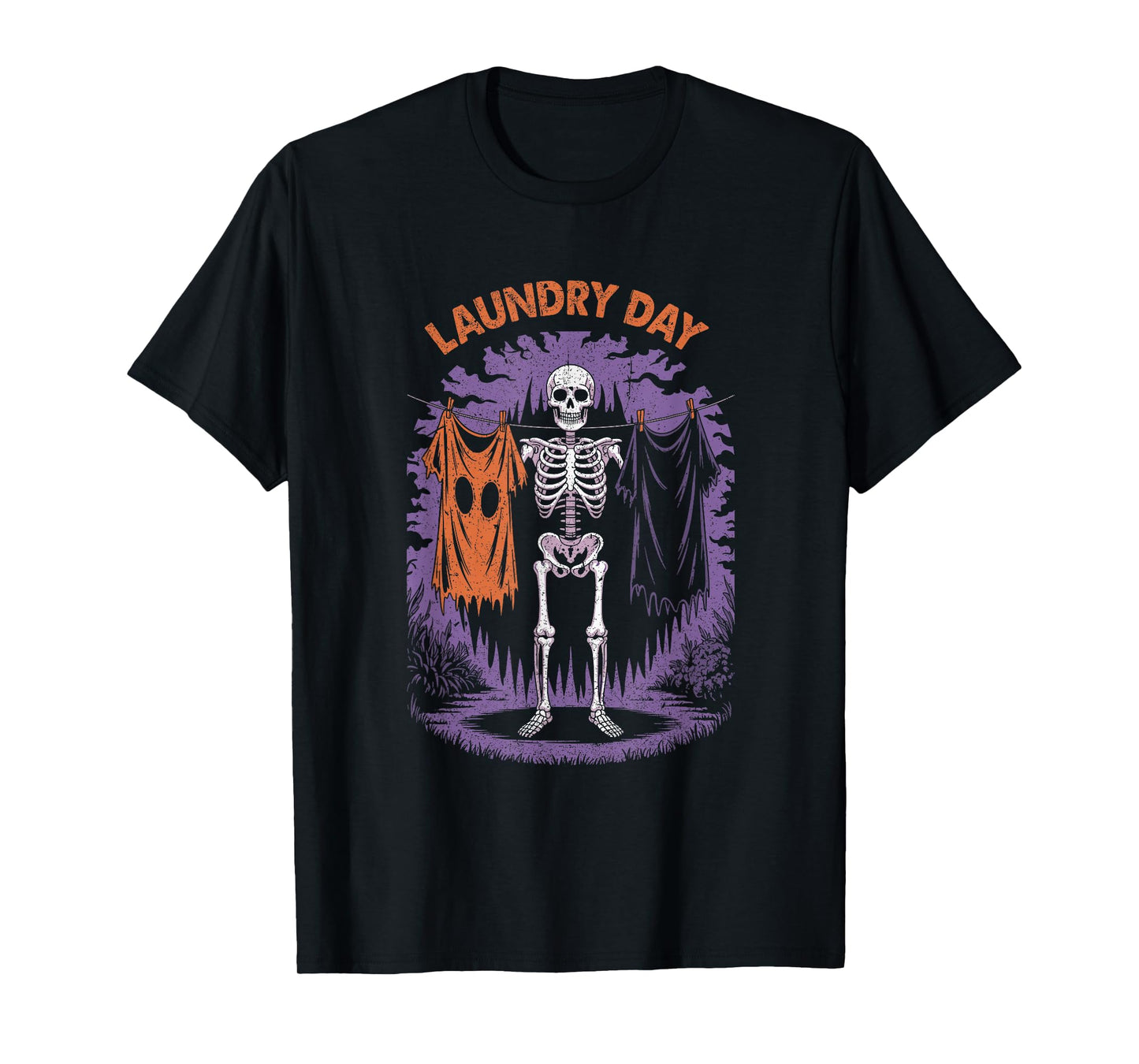 Skeleton Hanging Laundry with Ghost Sheet Funny Halloween T-Shirt