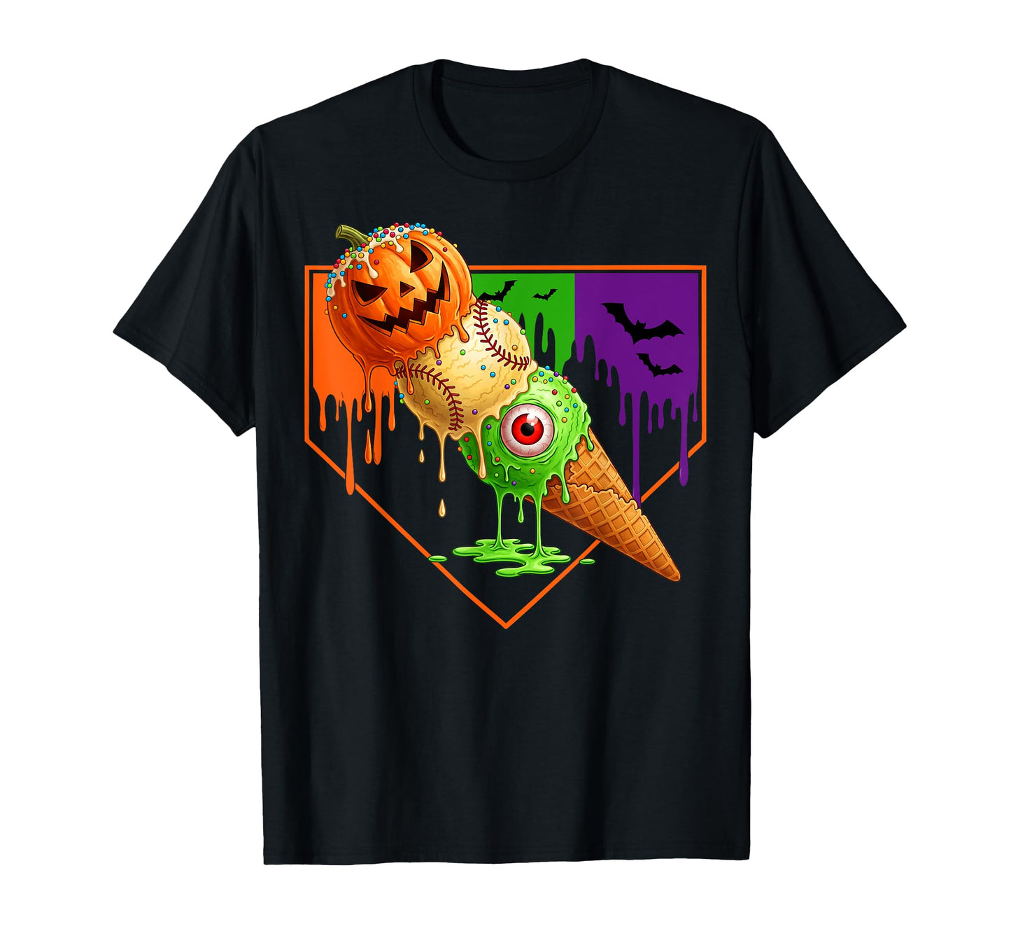 Baseball Ice Cream Cone Drip Home Plate Dripping Halloween T-Shirt