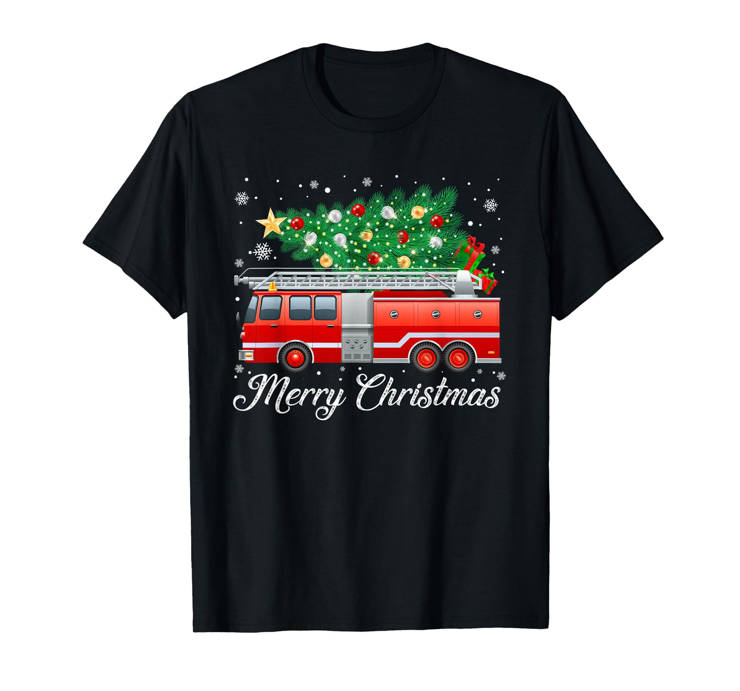 Firetruck Christmas Tree Funny Xmas Pajamas Firefighter T-Shirt