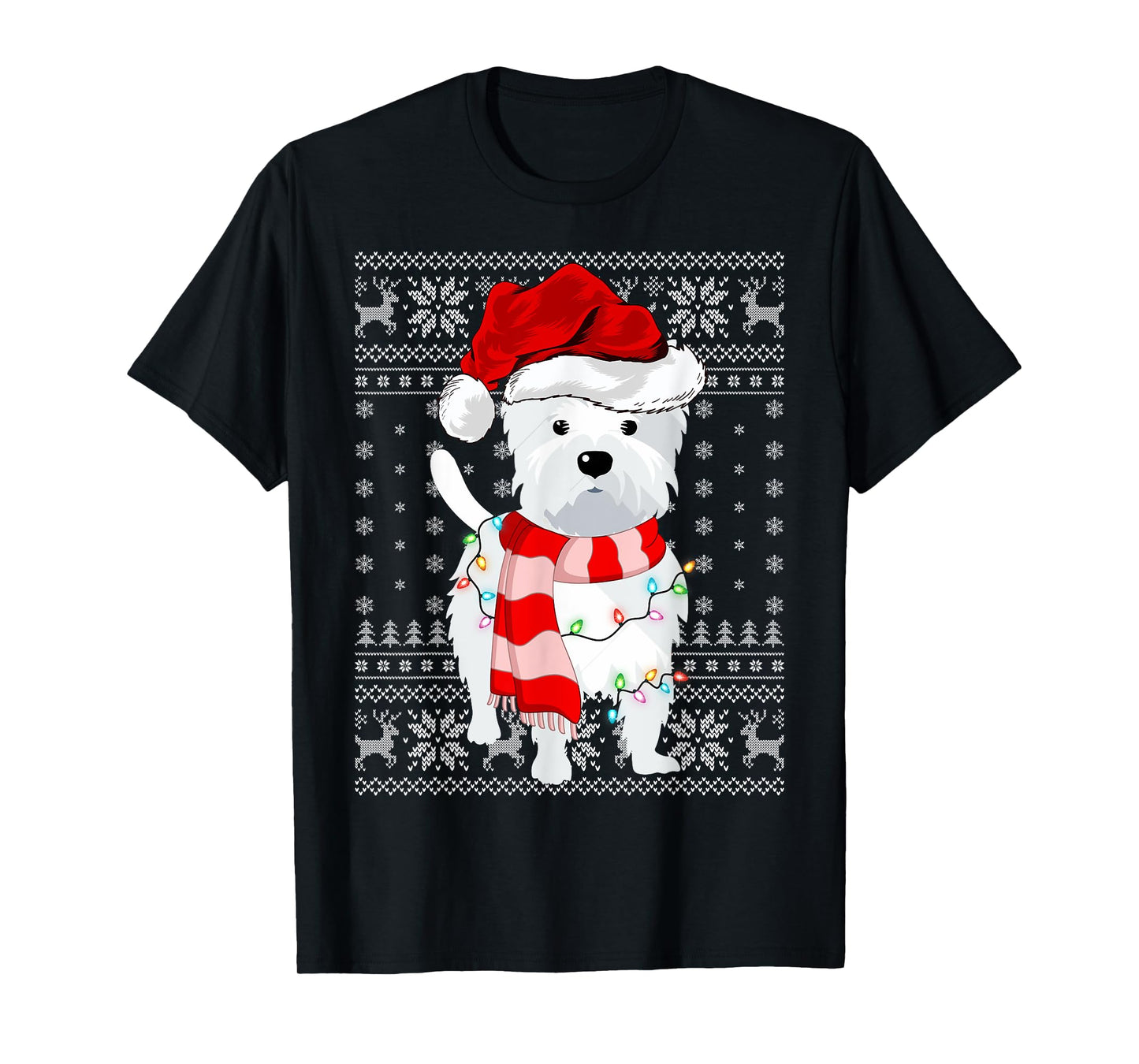 Ugly Sweater Xmas Lights Santa Hat Westie Dog Christmas Men Women Kids T-Shirt