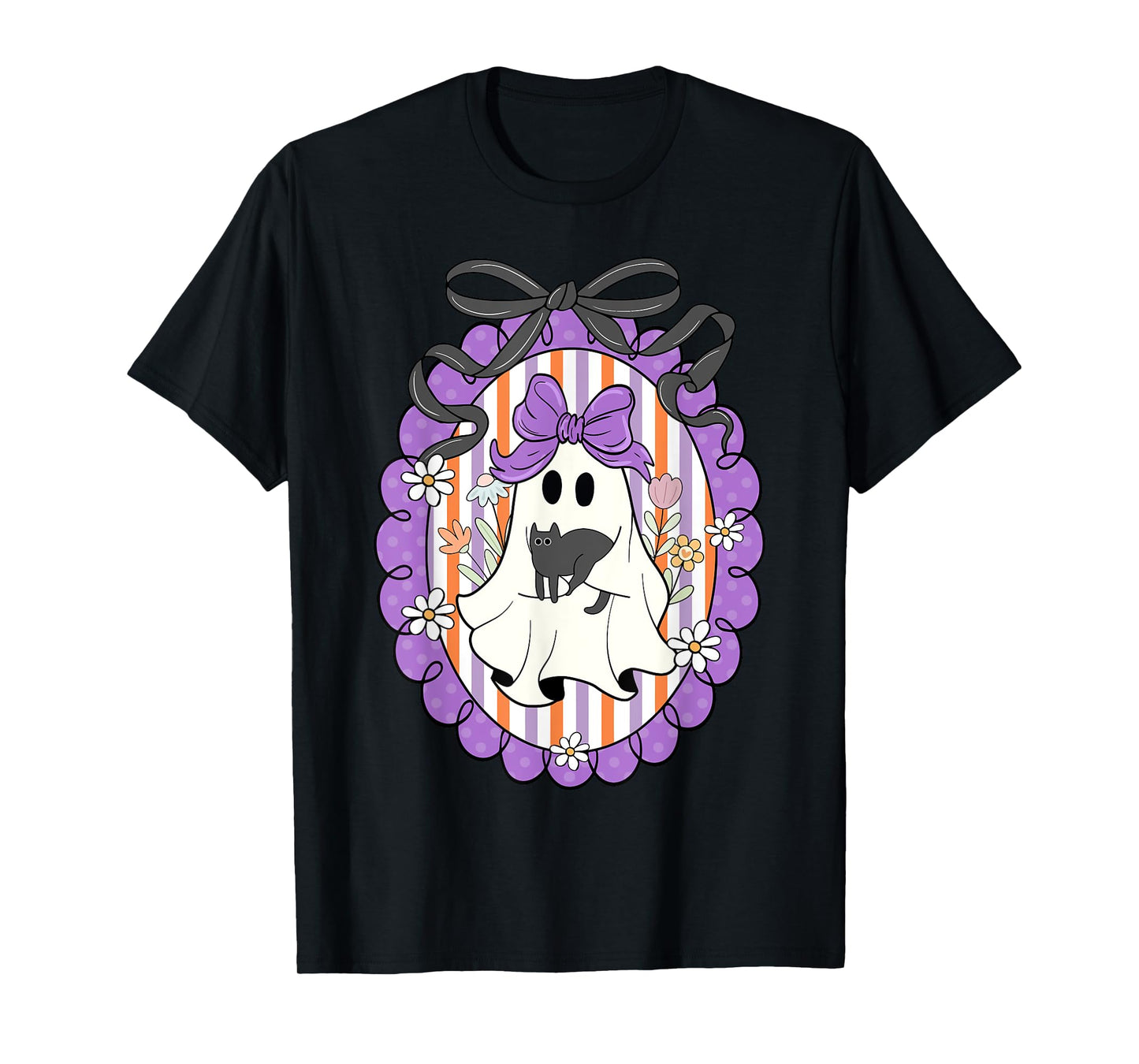 Funny Ghost Black Cat Coquette Bow Spooky Season Halloween T-Shirt