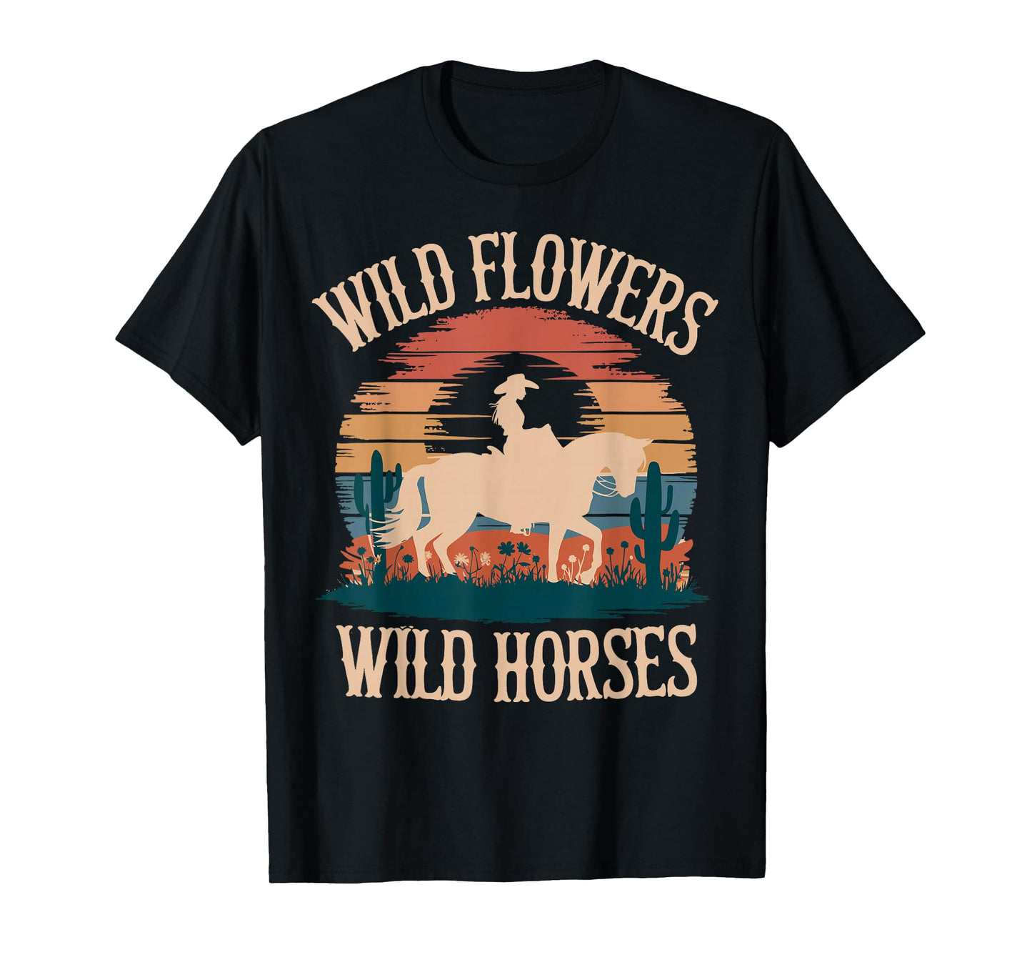 Vintage Sunset Western Country Wild Flowers - Wild Horses T-Shirt