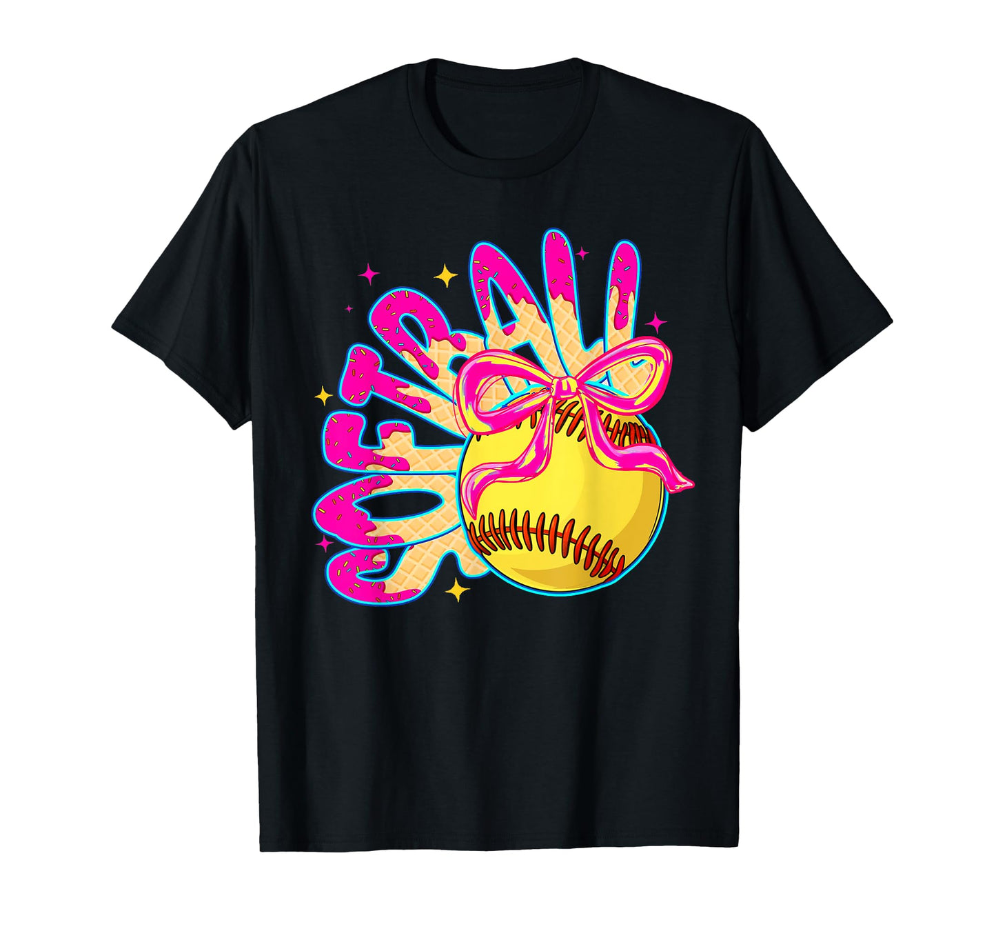 Softball Ice Cream Drip Coquette Bow Girl Softball Mama T-Shirt