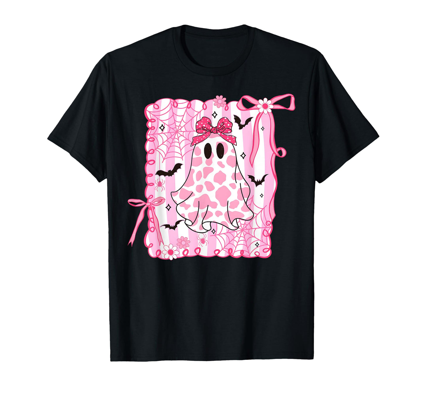 Cute Ghost Coquette Pink Bow Cow Print Halloween Spooky T-Shirt