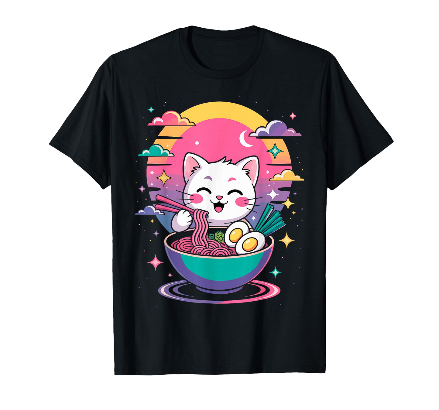 Cute Cat & Ramen Anime Noodle Tee Japanese Kawaii Retro T-Shirt
