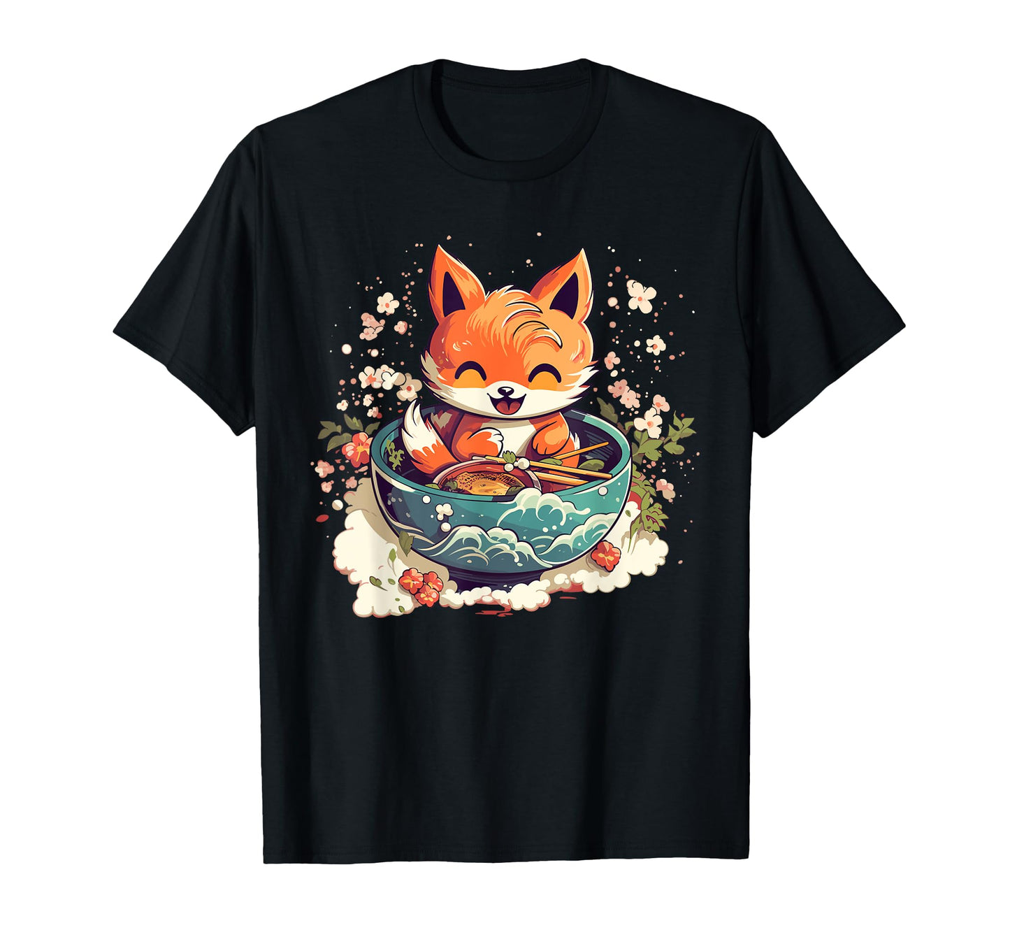 Kawaii Fox Eating Ramen - Ramen Noodle Lovers - Fox-Themed T-Shirt